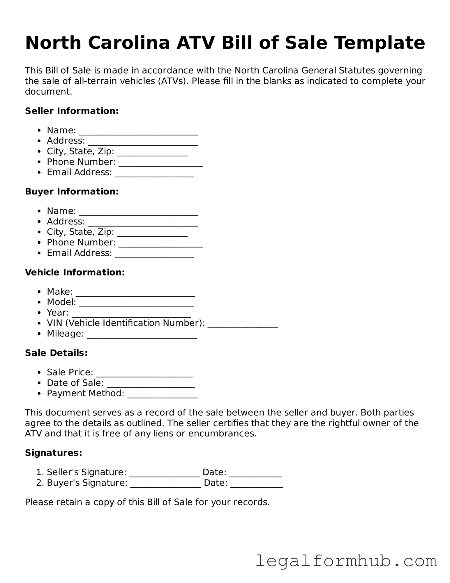 Free  ATV Bill of Sale Template for North Carolina