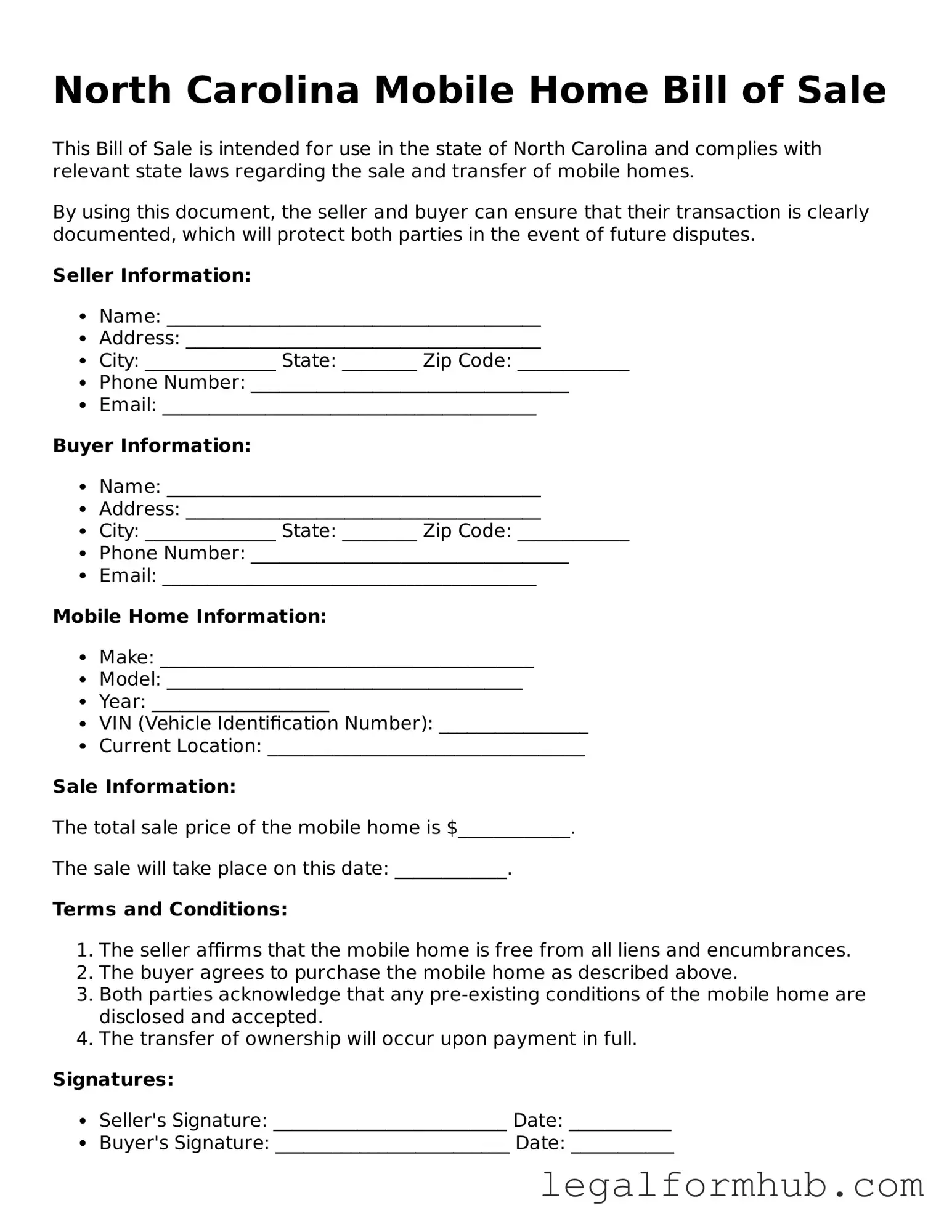 Free  Mobile Home Bill of Sale Template for North Carolina