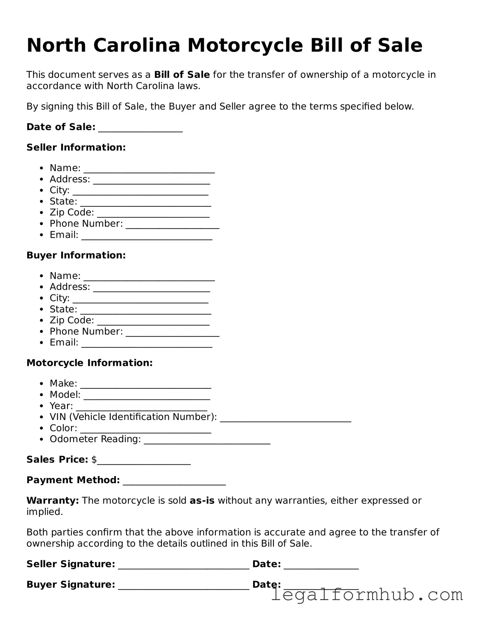 Free  Motorcycle Bill of Sale Template for North Carolina