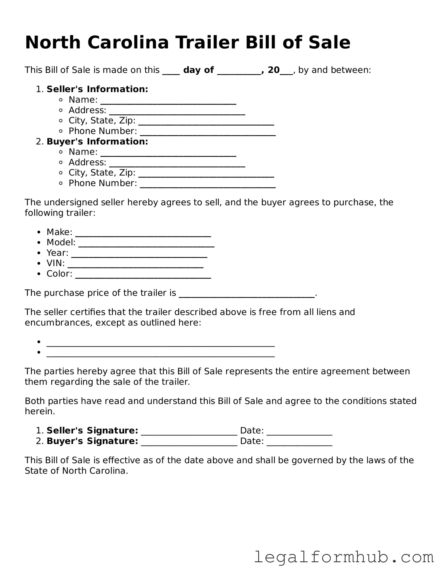 Free  Trailer Bill of Sale Template for North Carolina