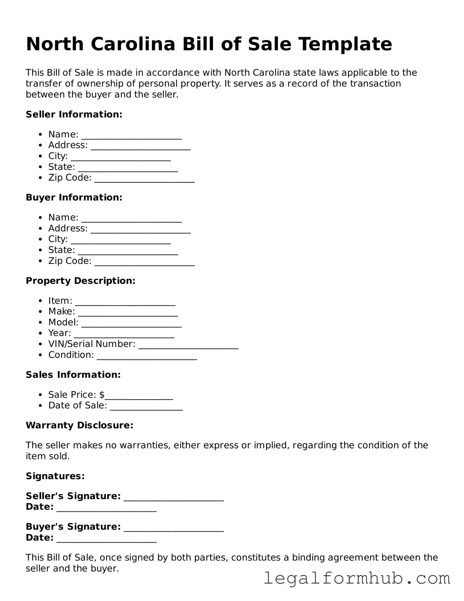 Free  Bill of Sale Template for North Carolina