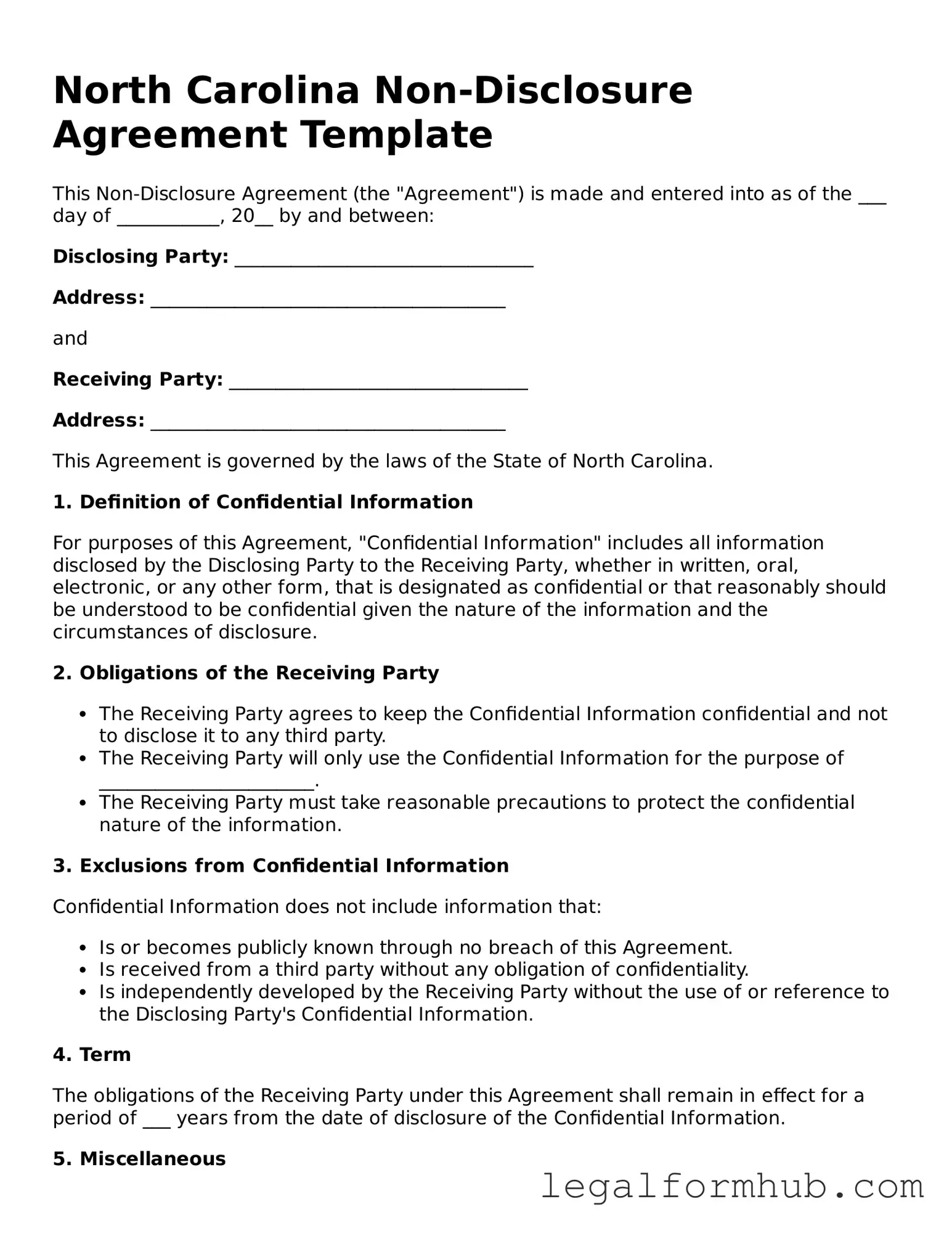 Free Non-disclosure Agreement Template for North Carolina