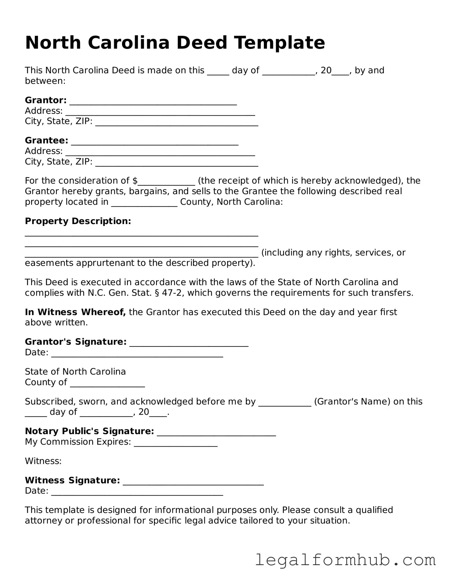 Free  Deed Template for North Carolina