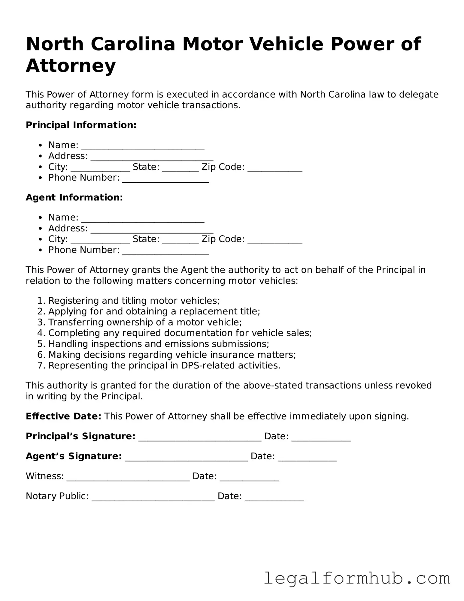 Free  Motor Vehicle Power of Attorney Template for North Carolina