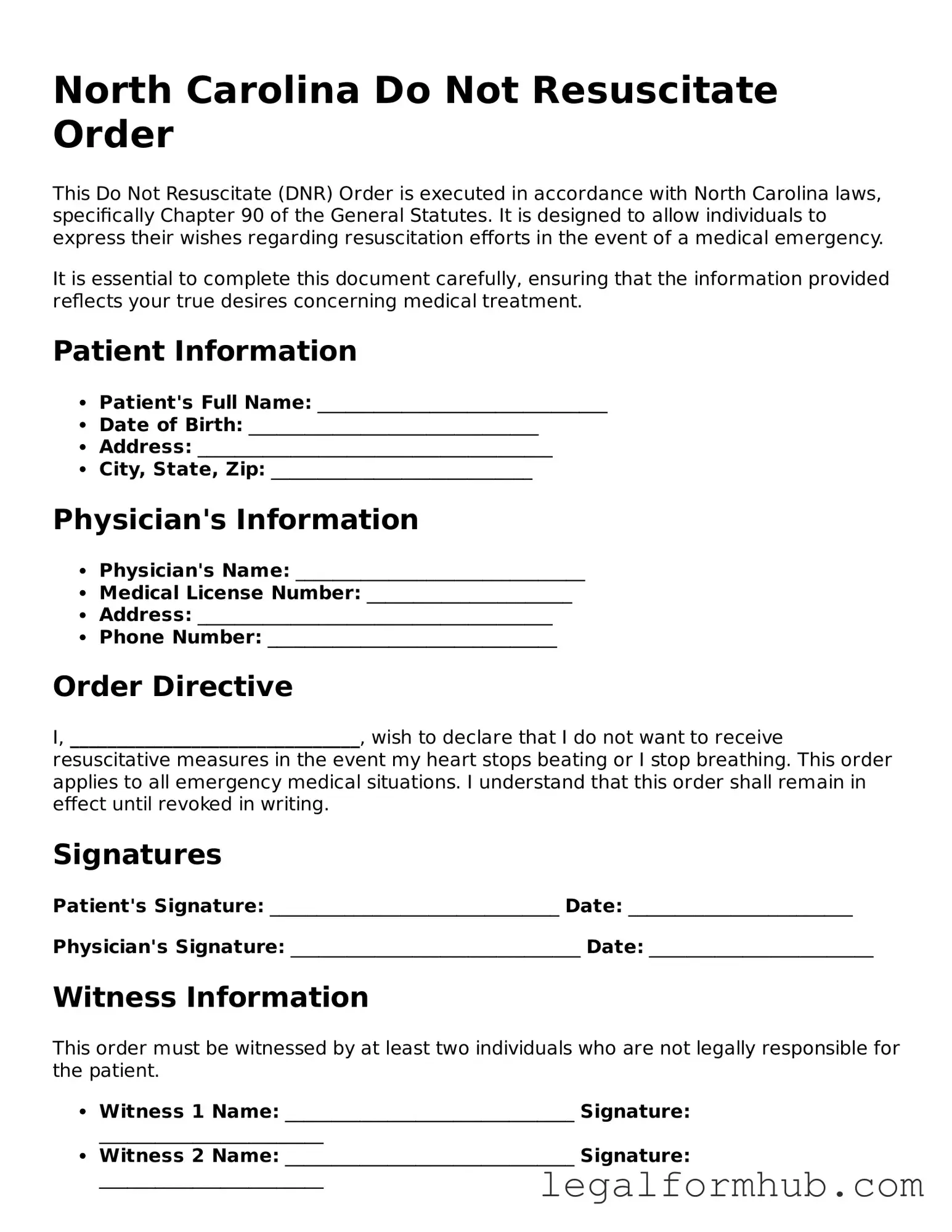 Free  Do Not Resuscitate Order Template for North Carolina