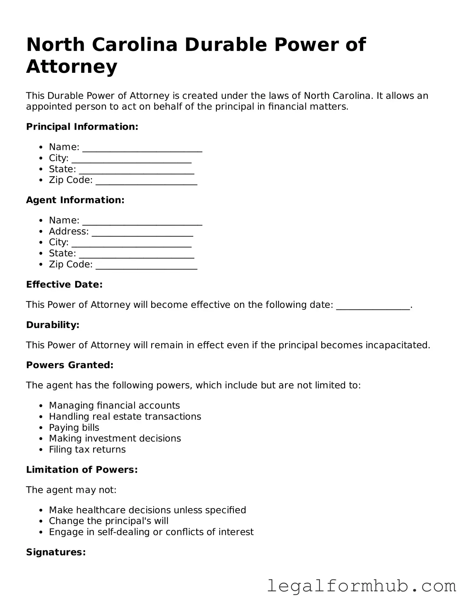 Free  Durable Power of Attorney Template for North Carolina