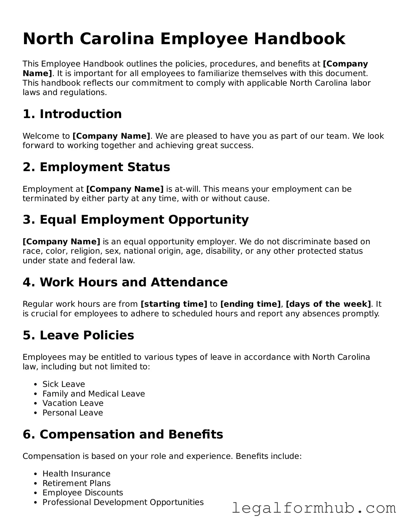 Free  Employee Handbook Template for North Carolina
