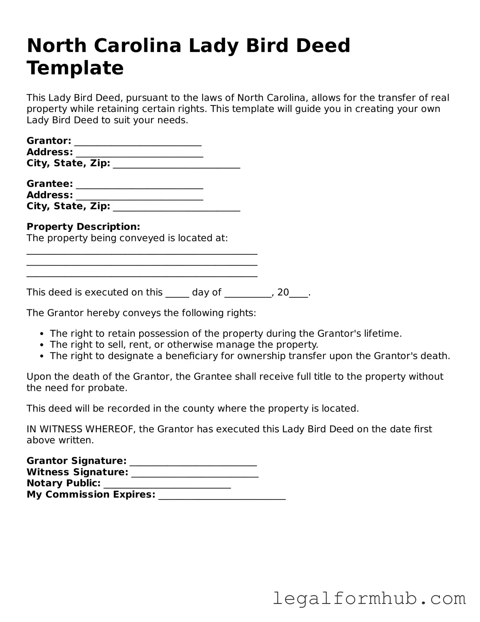 Free  Lady Bird Deed Template for North Carolina