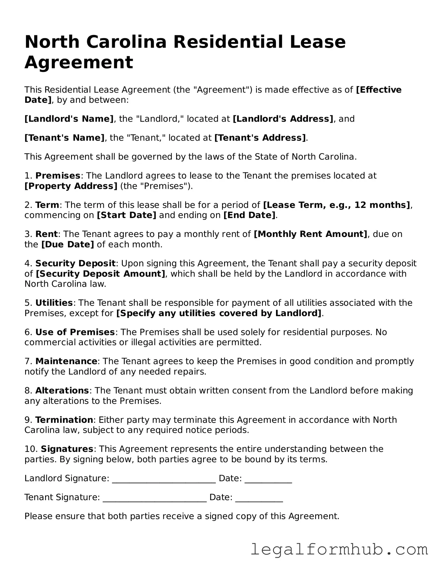 Free  Residential Lease Agreement Template for North Carolina