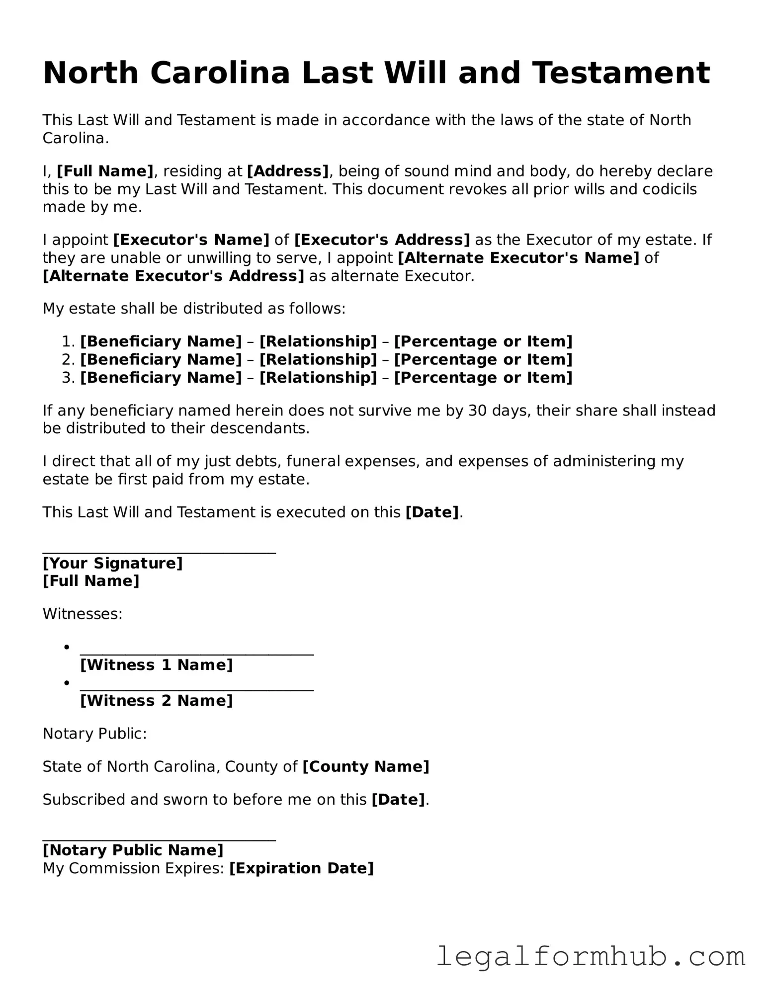 Free  Last Will and Testament Template for North Carolina