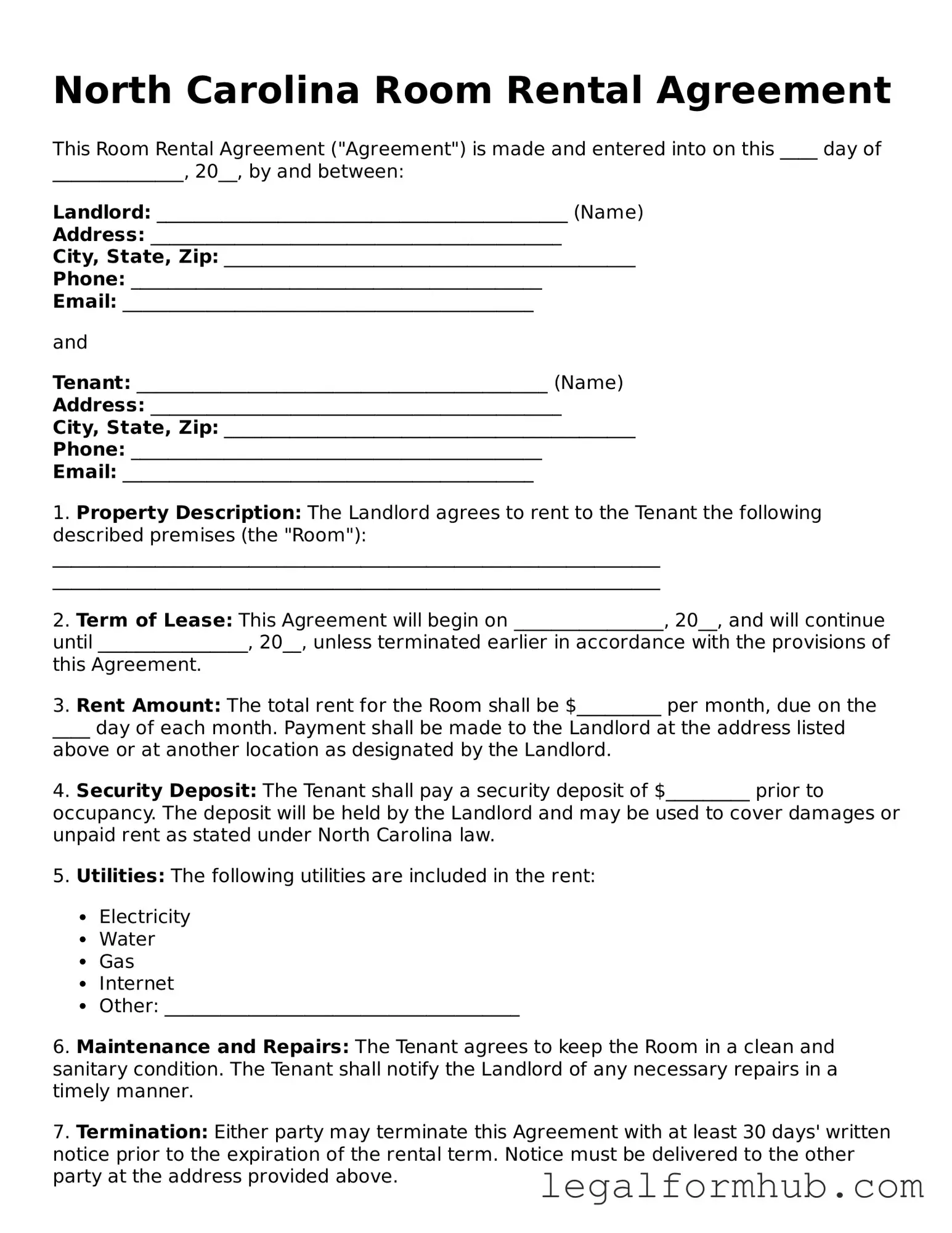 Free  Room Rental Agreement Template for North Carolina
