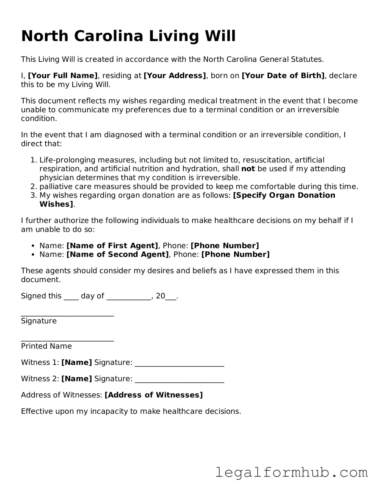 Free  Living Will Template for North Carolina