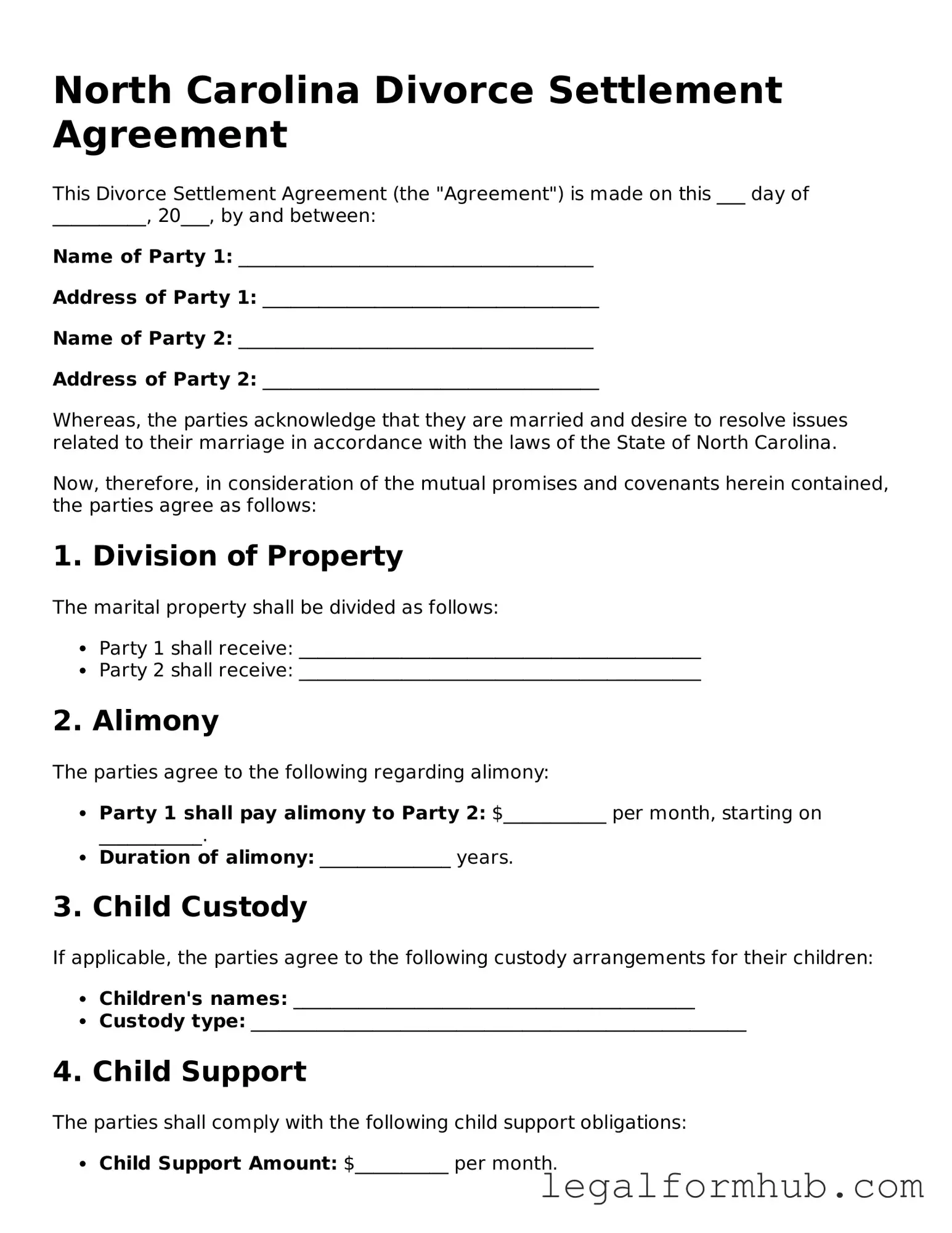 Free  Divorce Settlement Agreement Template for North Carolina