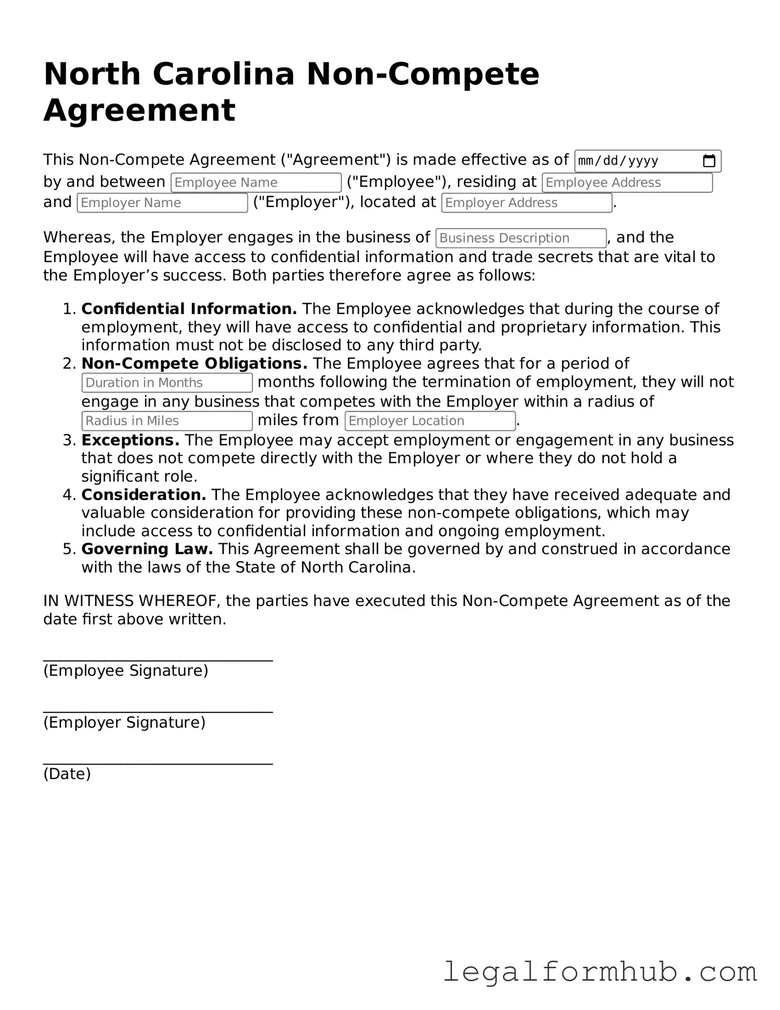 Free  Non-compete Agreement Template for North Carolina