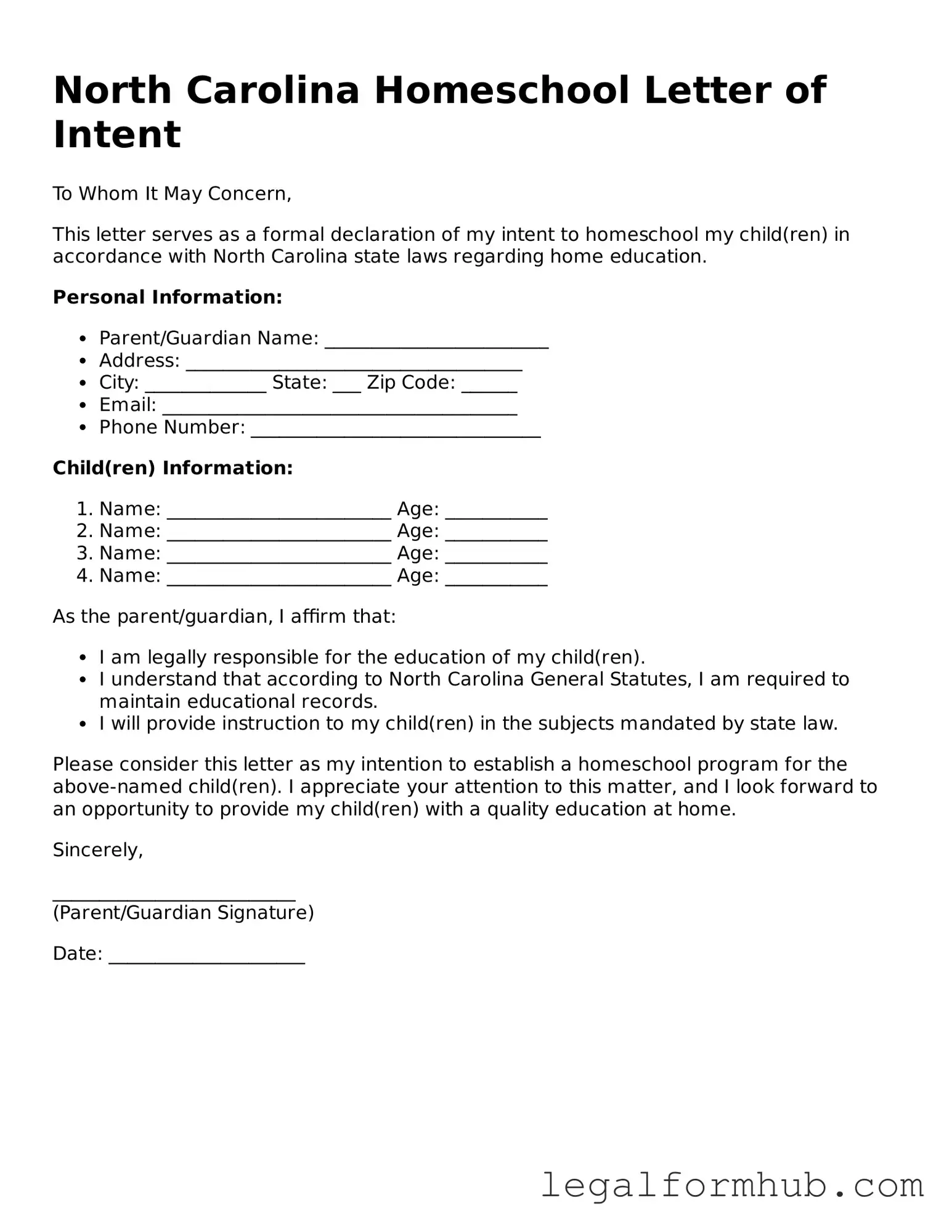 Free  Homeschool Letter of Intent Template for North Carolina