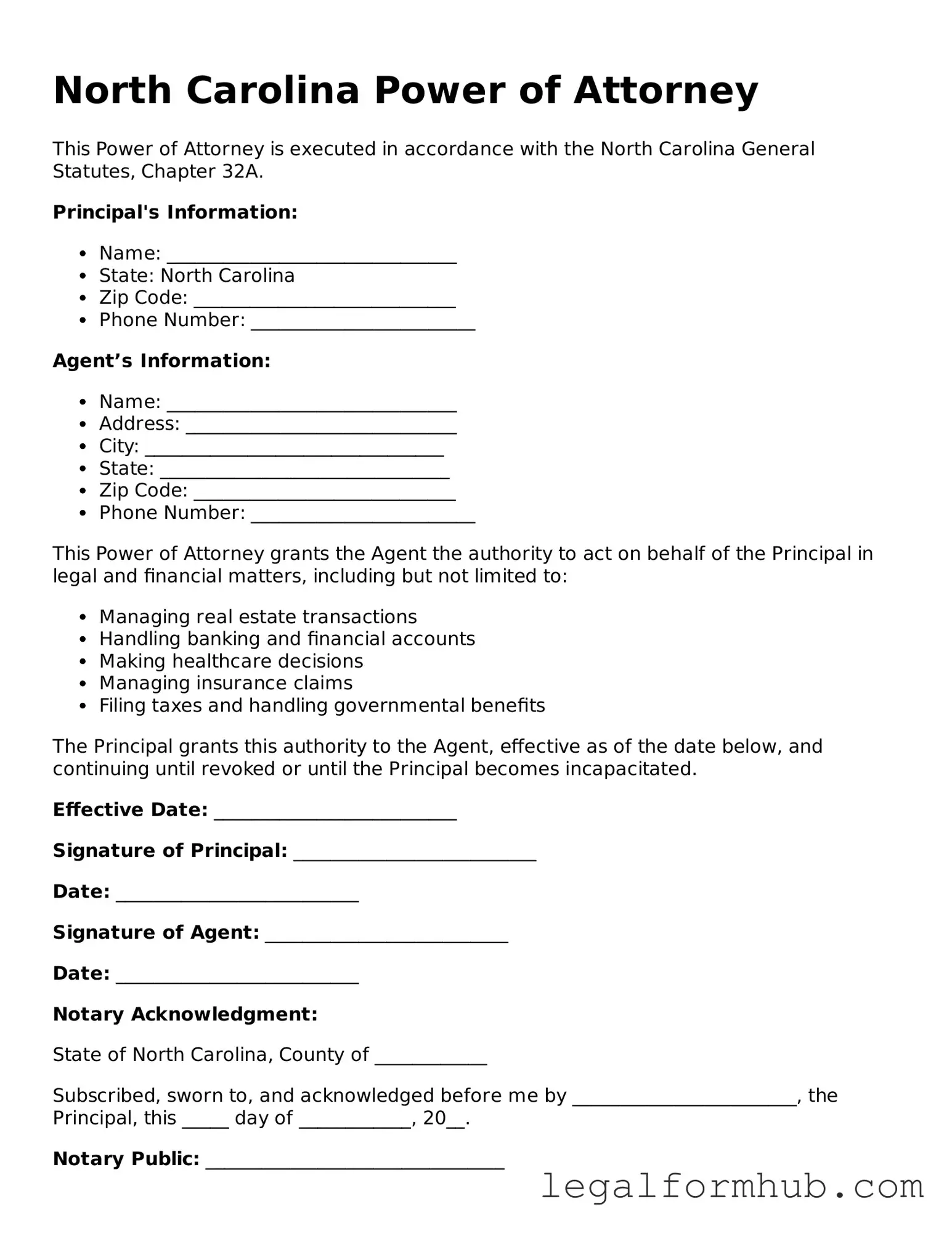 Free  Power of Attorney Template for North Carolina