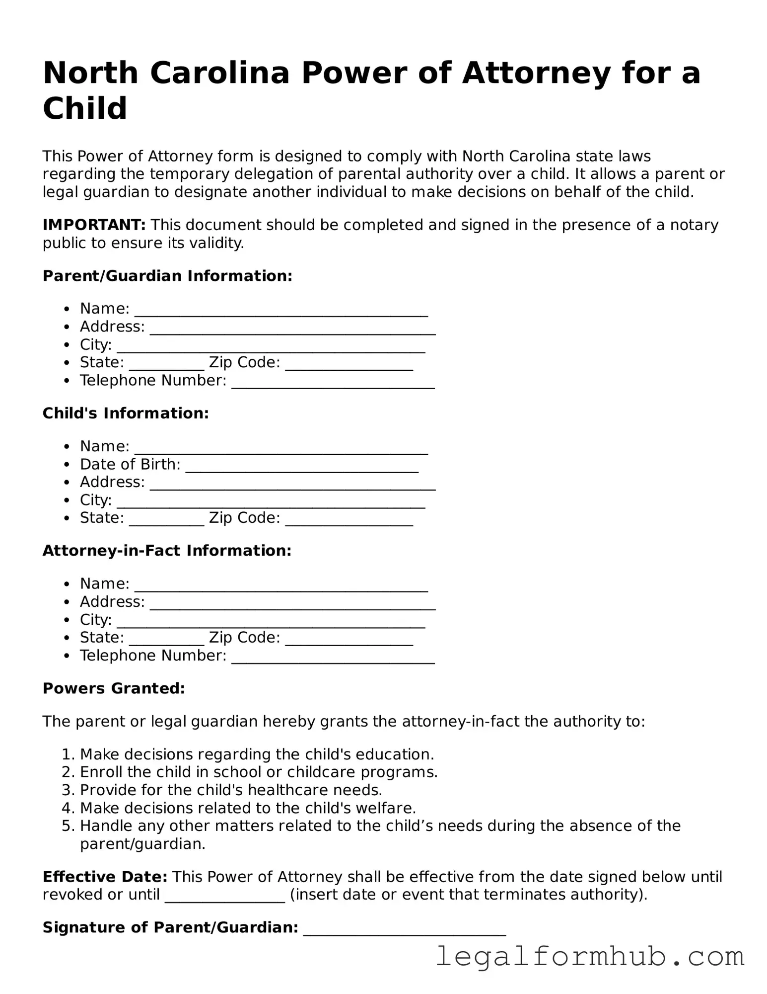 Free  Power of Attorney for a Child Template for North Carolina
