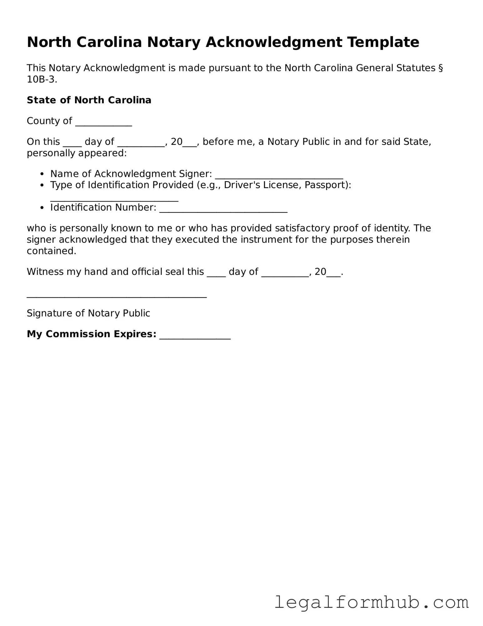 Free Notary Acknowledgement Template for North Carolina