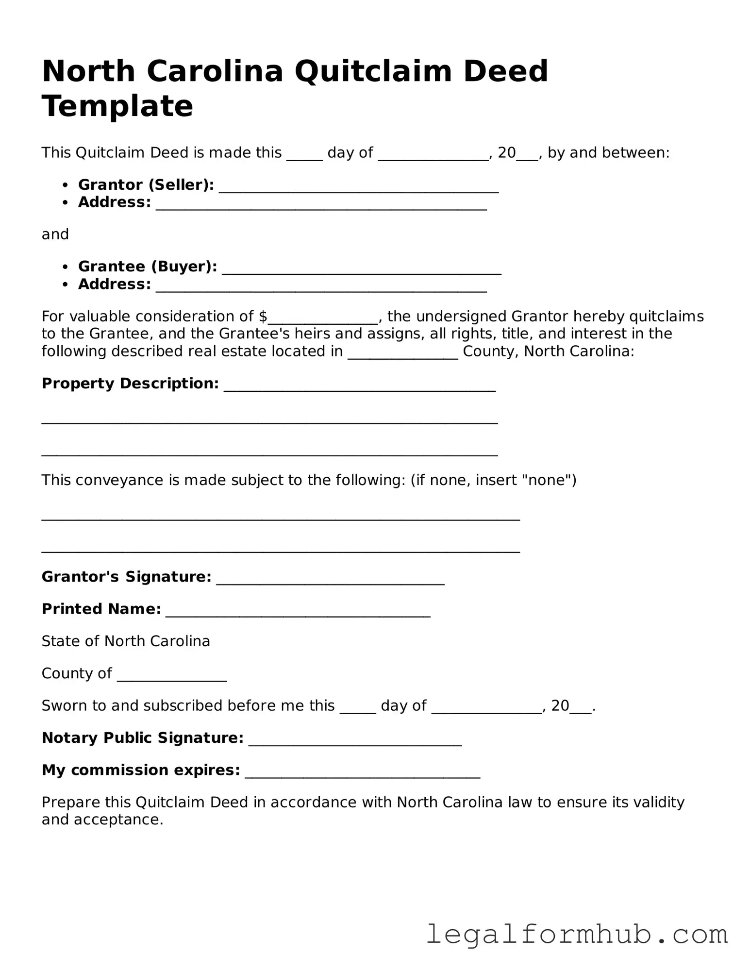 Free  Quitclaim Deed Template for North Carolina