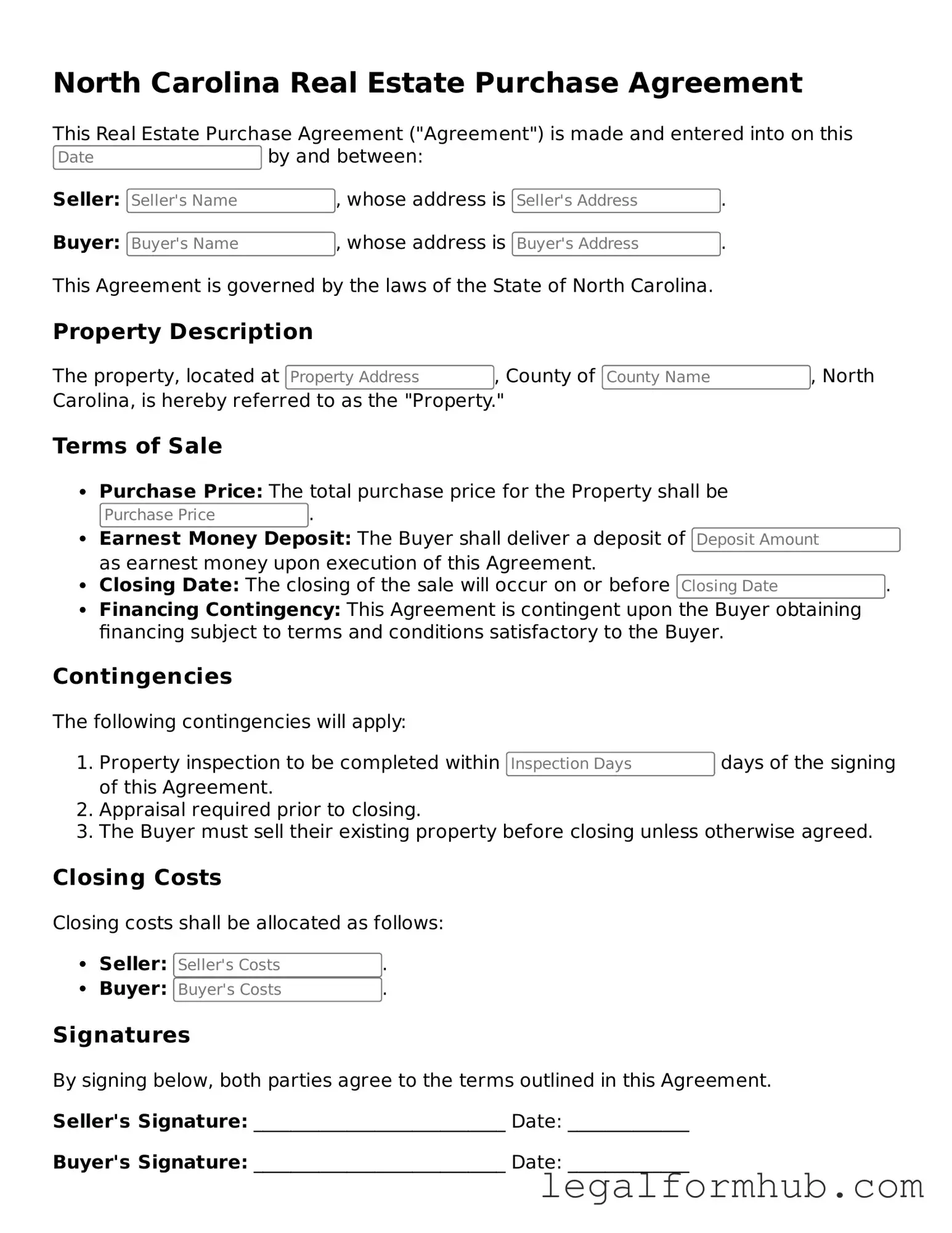 Free  Real Estate Purchase Agreement Template for North Carolina
