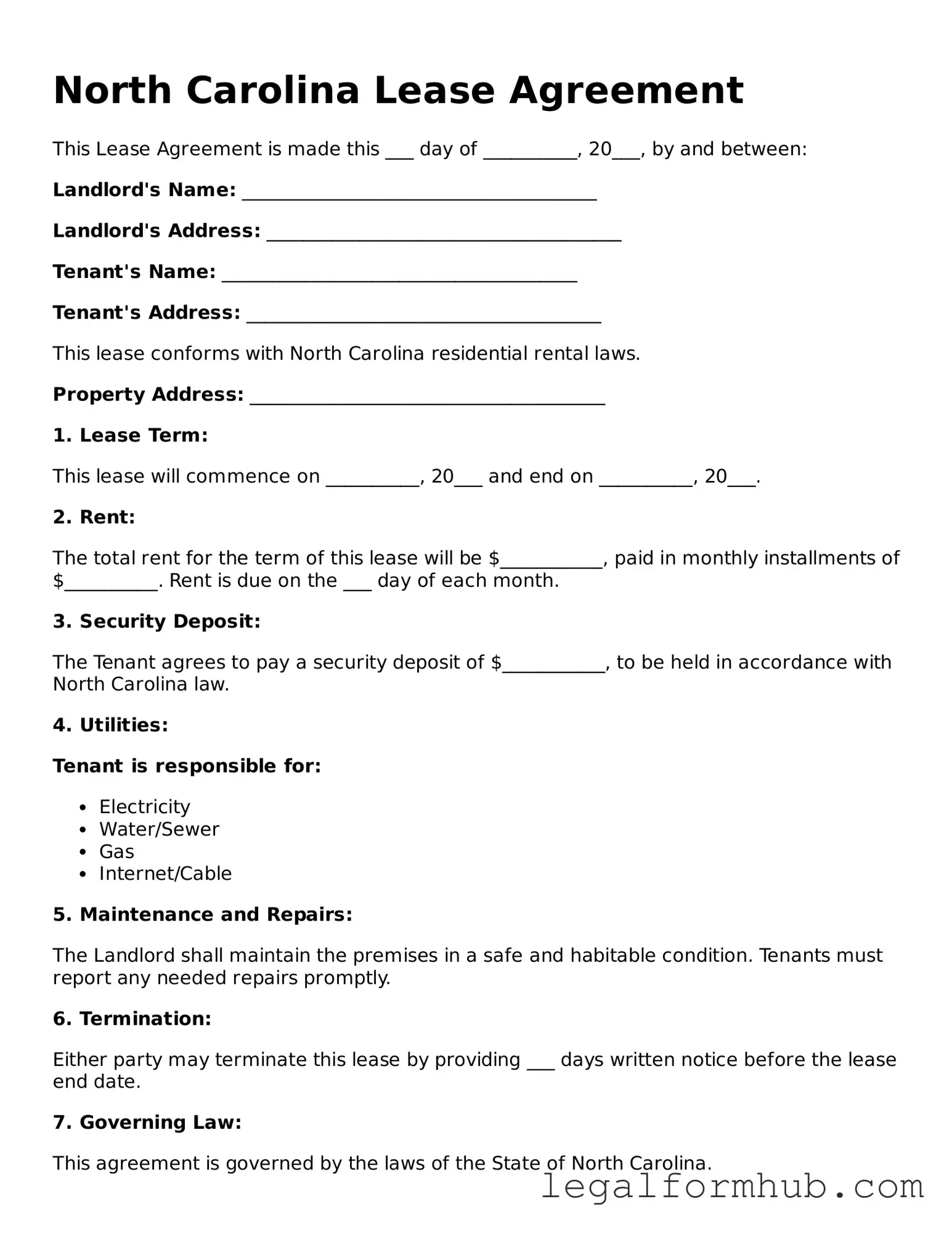 Free  Lease Agreement Template for North Carolina