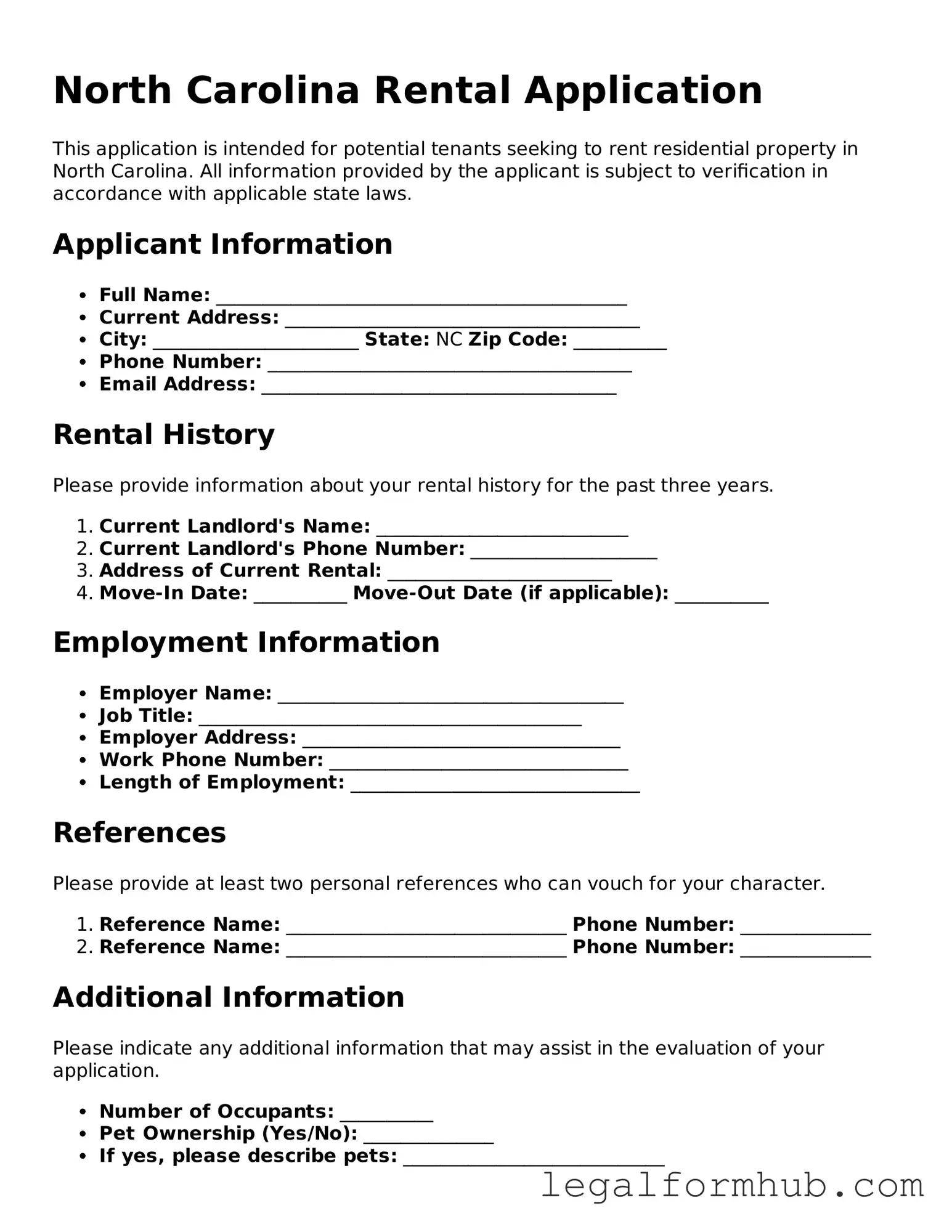 Free  Rental Application Template for North Carolina