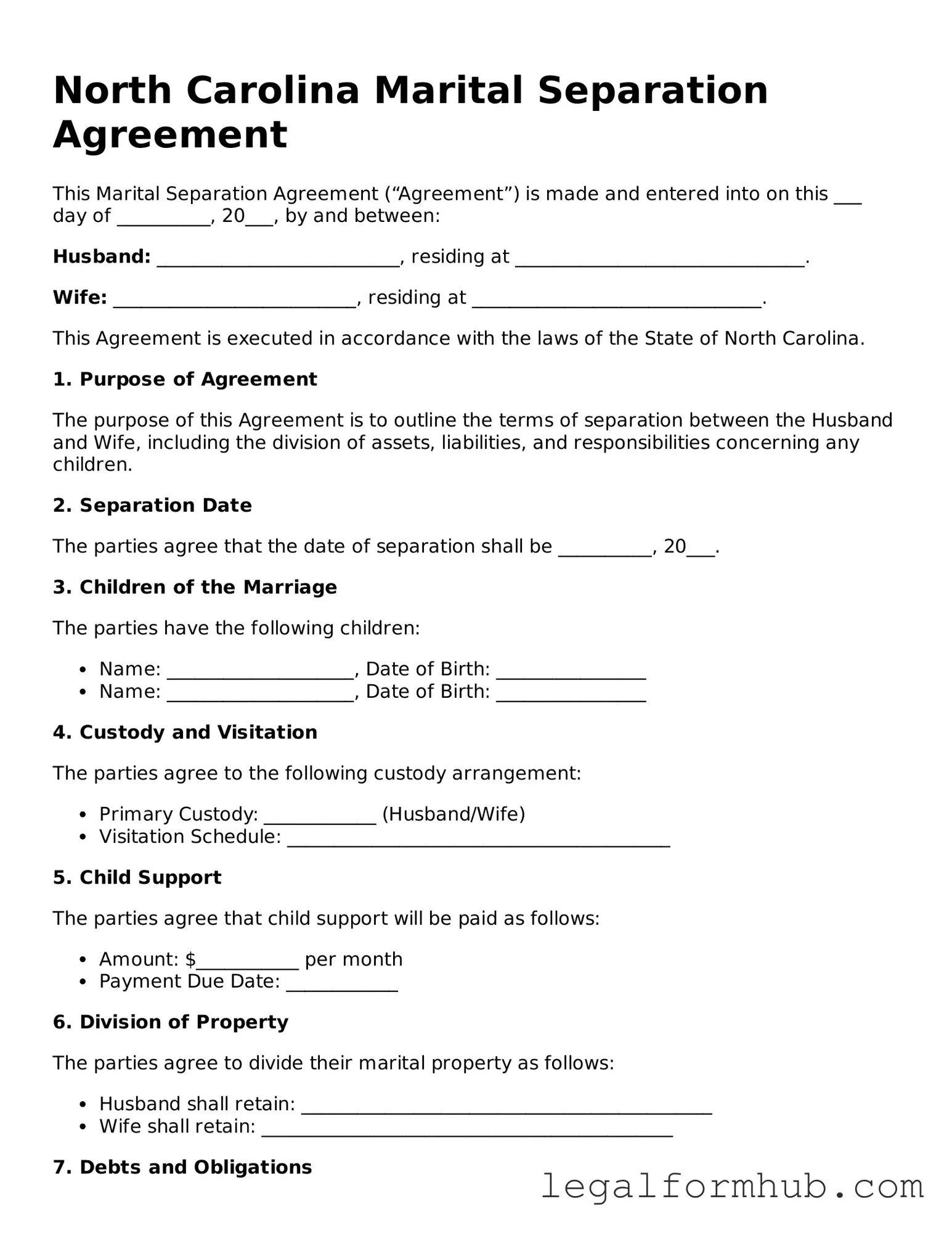 Free  Marital Separation Agreement Template for North Carolina