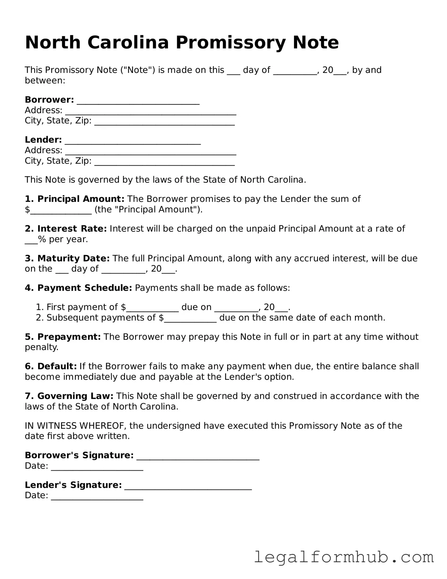 Free  Promissory Note Template for North Carolina