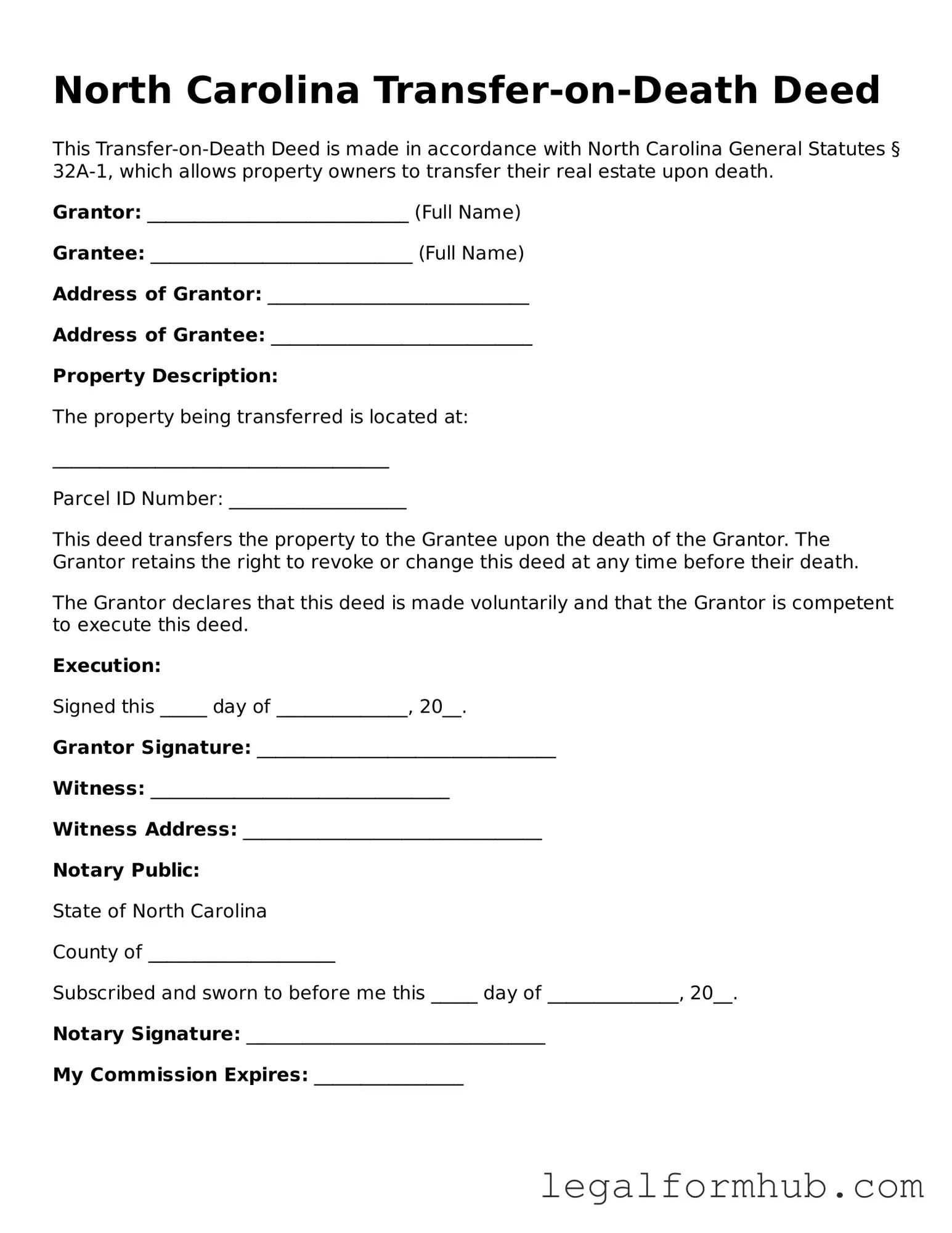 Free  Transfer-on-Death Deed Template for North Carolina