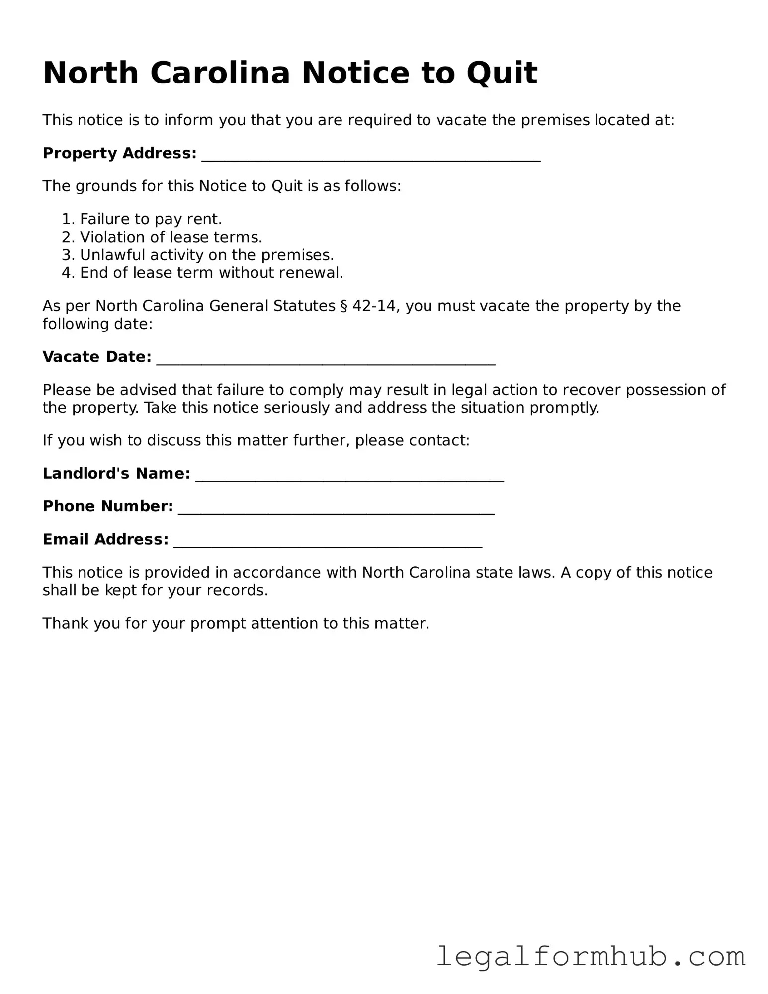 Free  Notice to Quit Template for North Carolina
