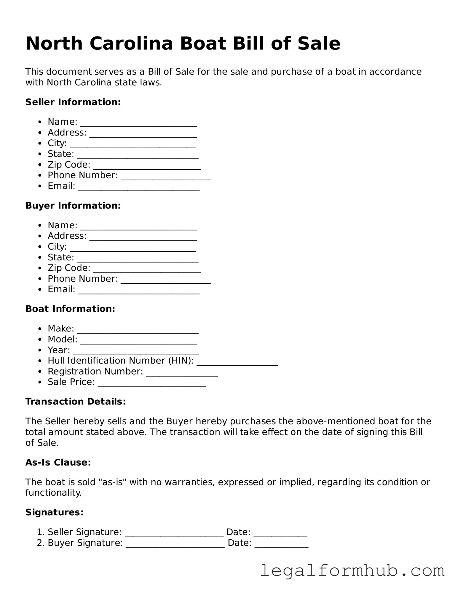 Free  Boat Bill of Sale Template for North Carolina