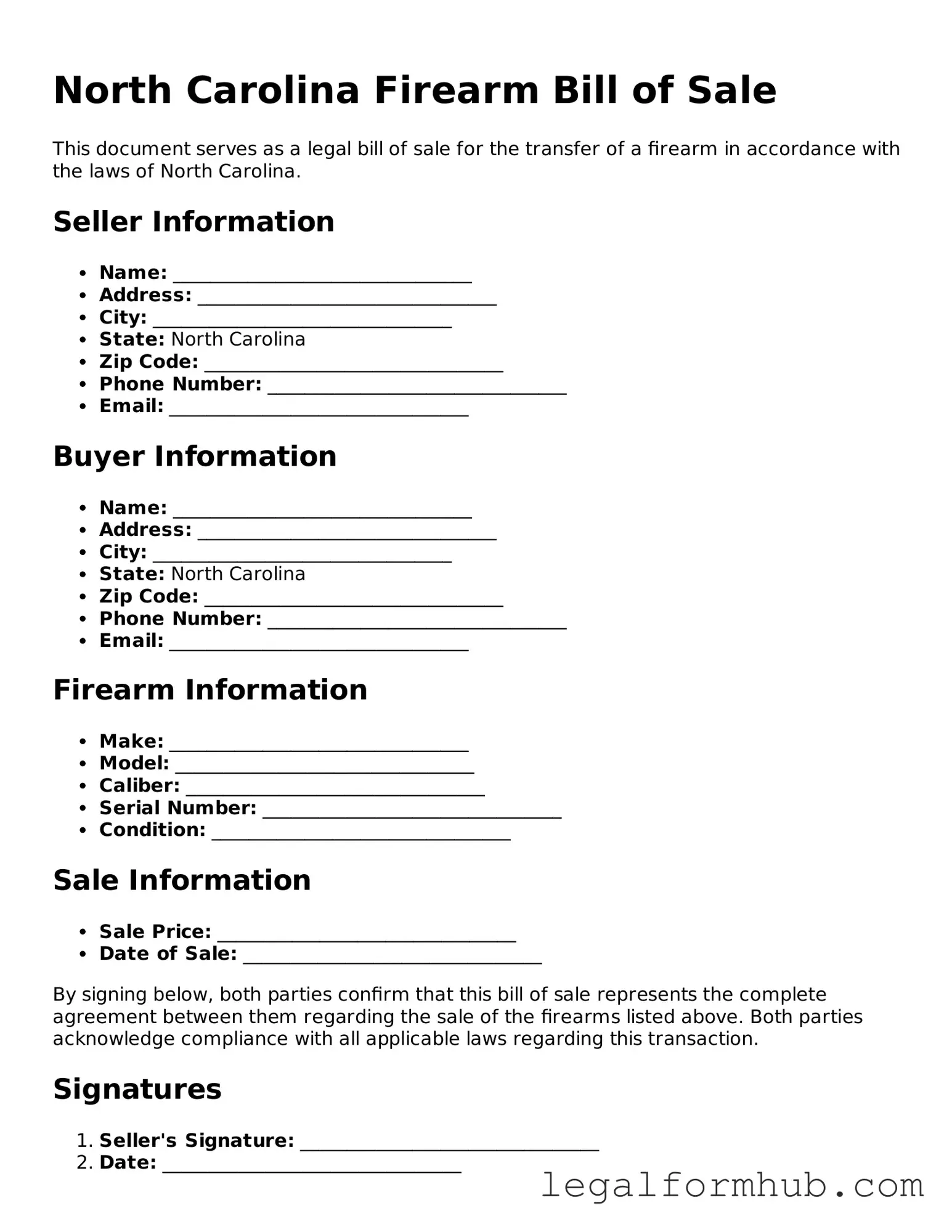 Free  Firearm Bill of Sale Template for North Carolina