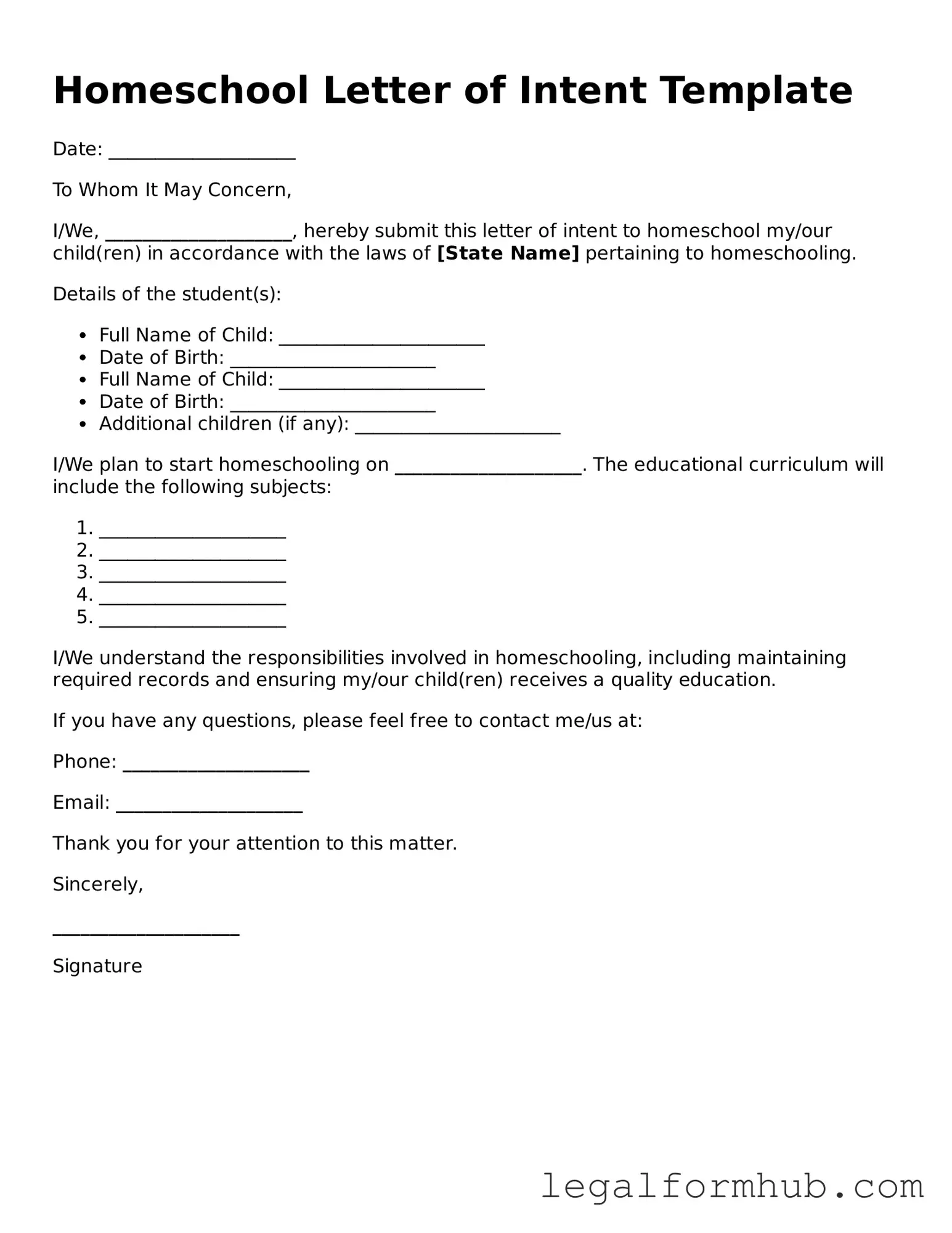 Printable Homeschool Letter of Intent Document
