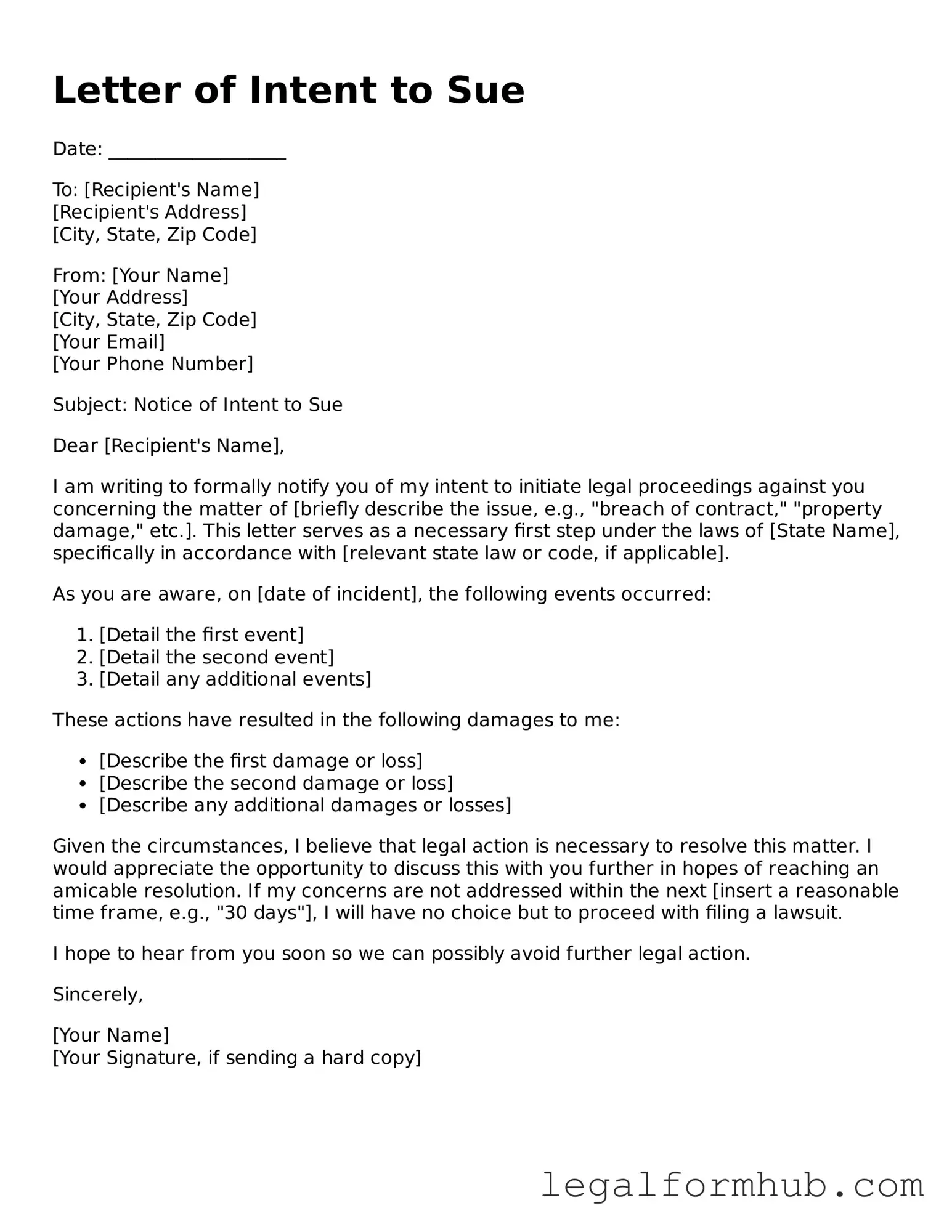 Printable Letter of Intent to Sue Document