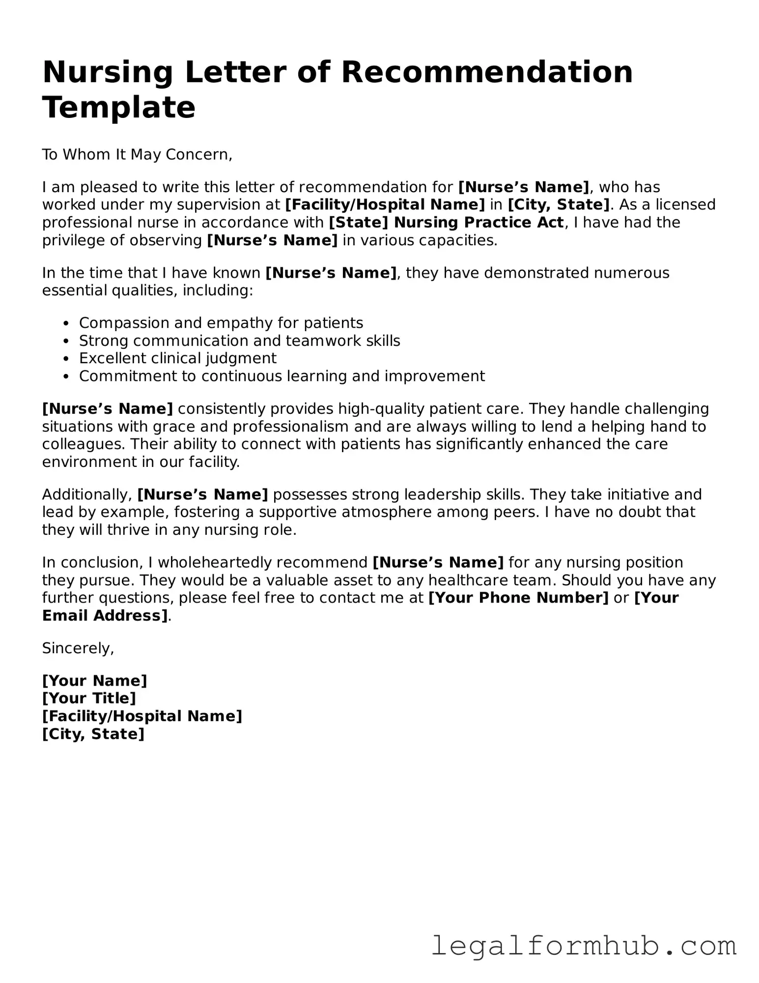 Printable Nursing Letter of Recommendation Document
