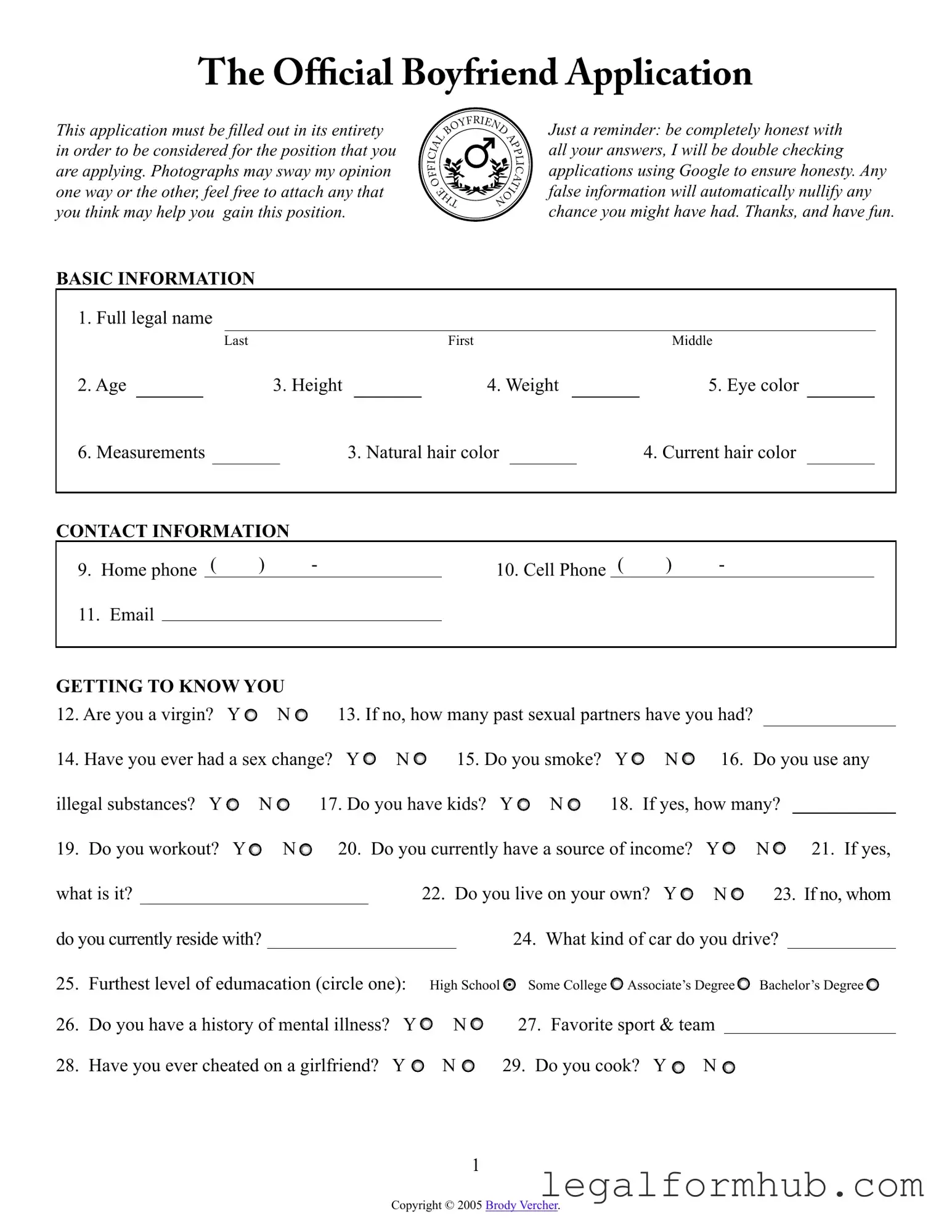 Fill Your Boyfriend application form Form