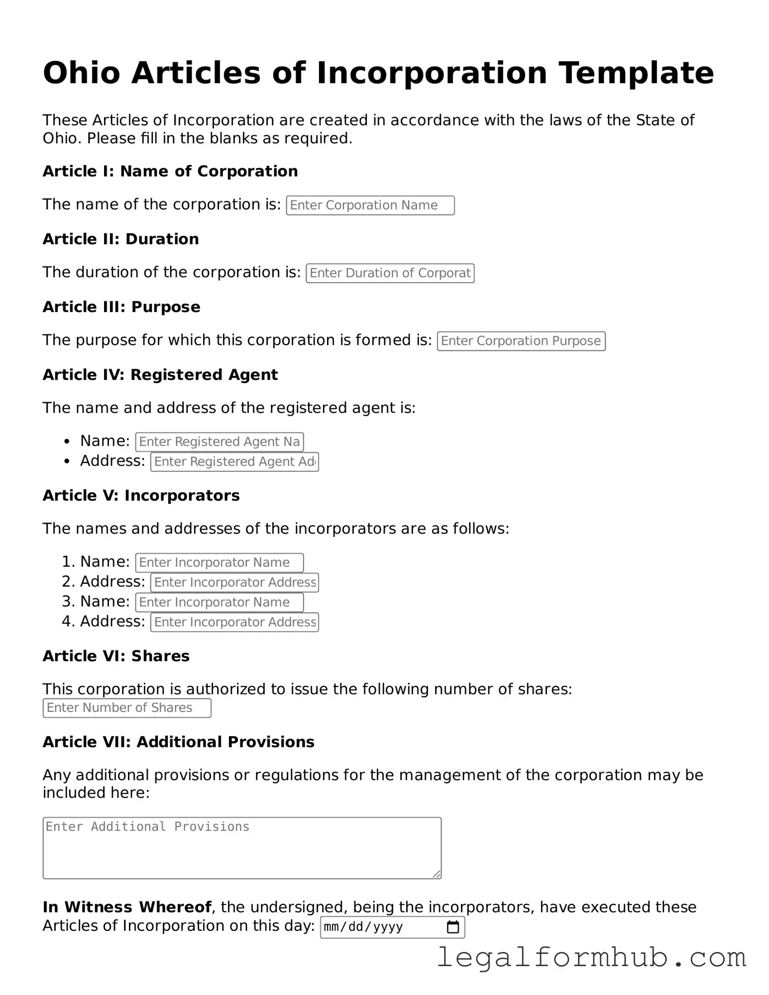 Free  Articles of Incorporation Template for Ohio