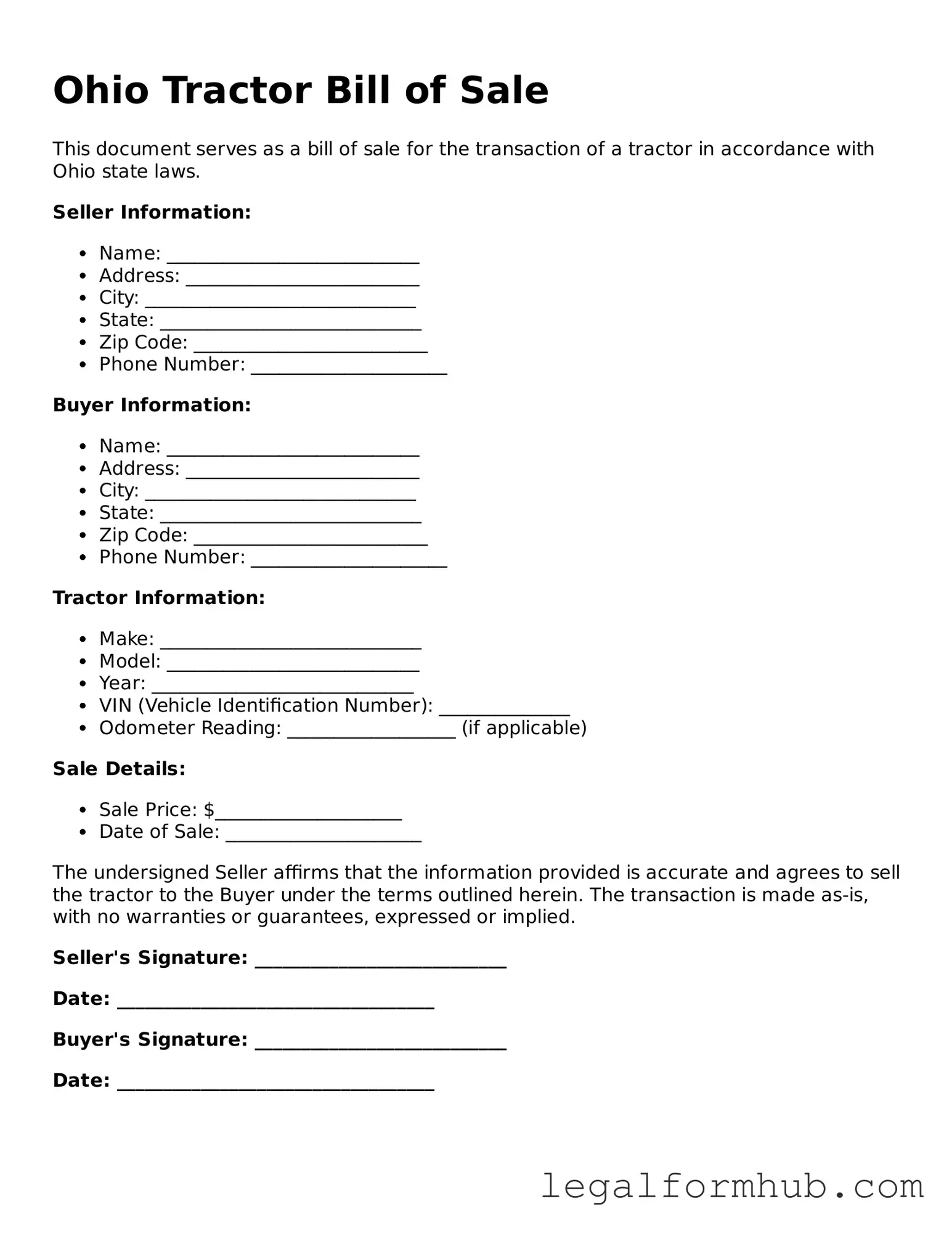 Free  Tractor Bill of Sale Template for Ohio