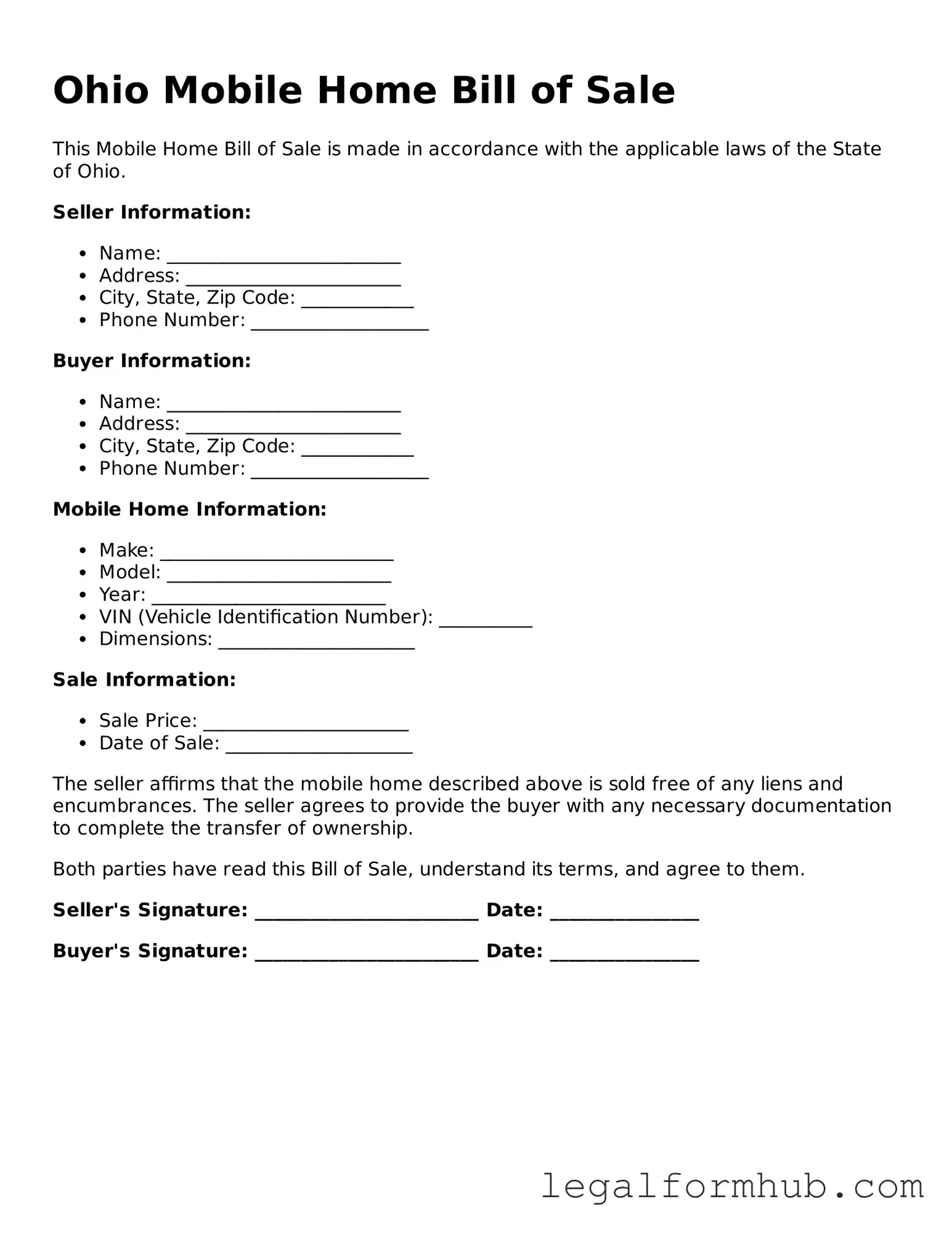 Free  Mobile Home Bill of Sale Template for Ohio