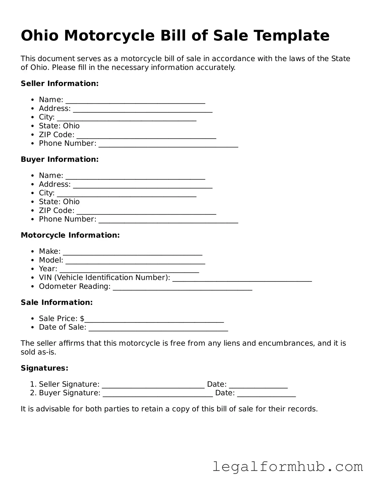 Free  Motorcycle Bill of Sale Template for Ohio