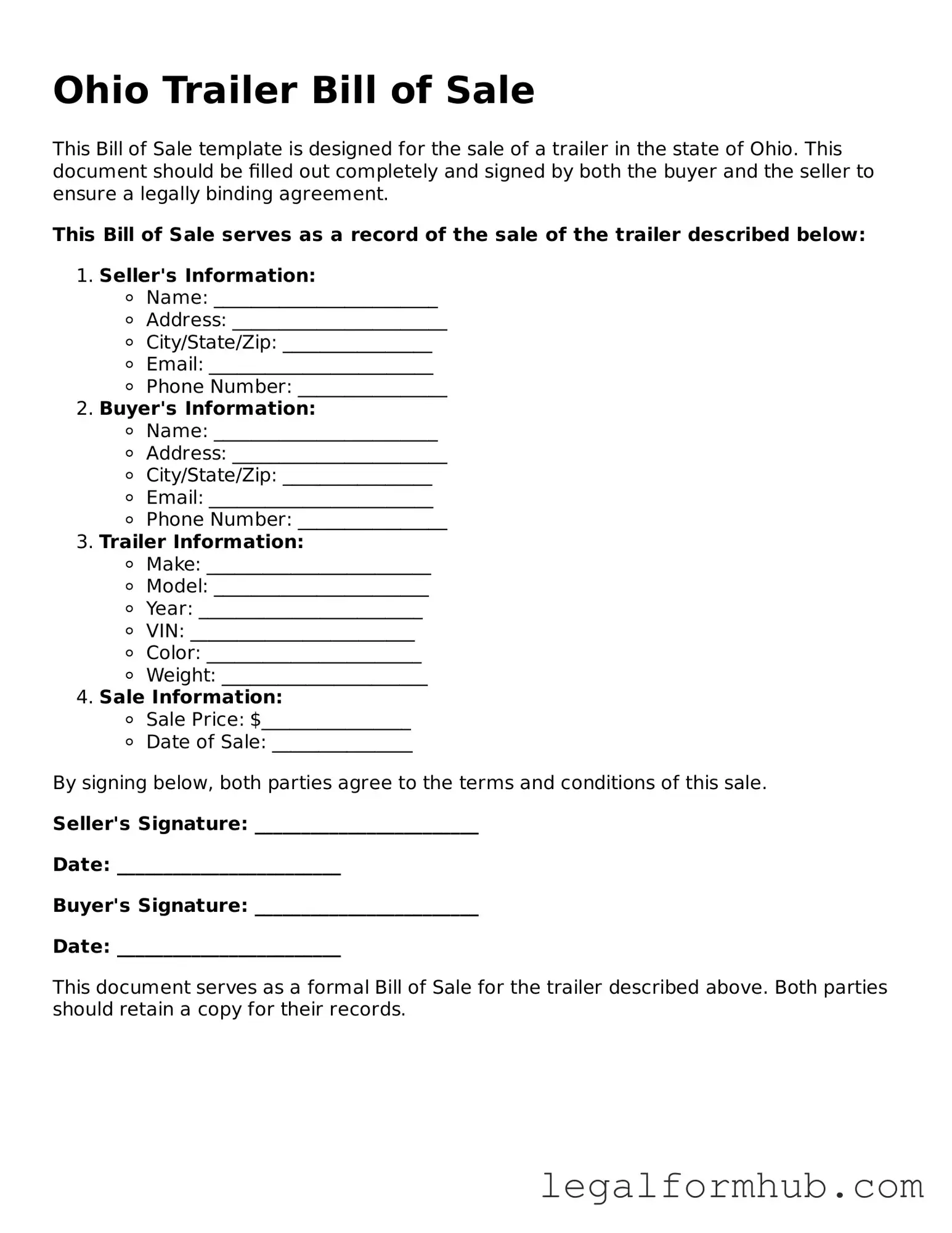 Free  Trailer Bill of Sale Template for Ohio