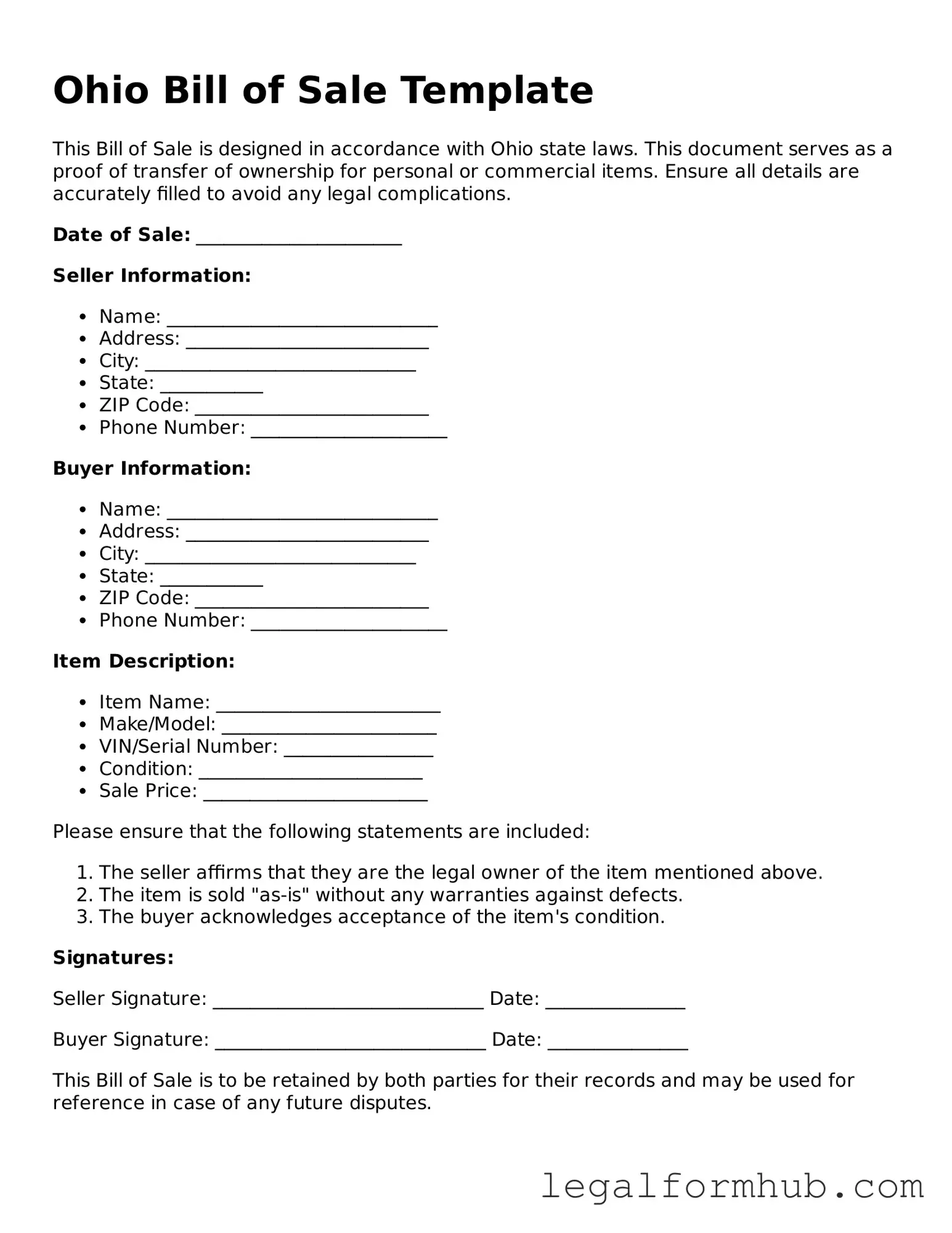 Free  Bill of Sale Template for Ohio