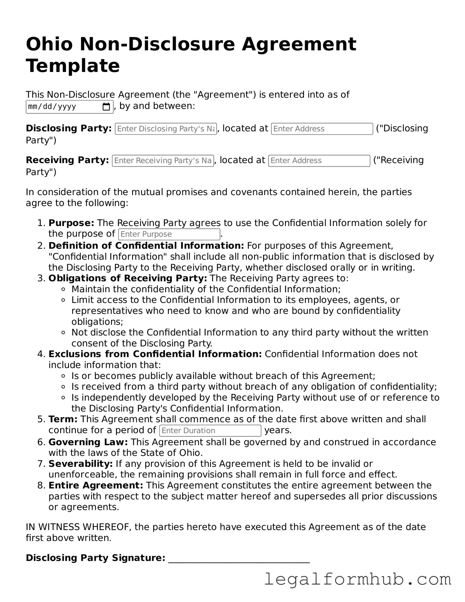Free  Non-disclosure Agreement Template for Ohio