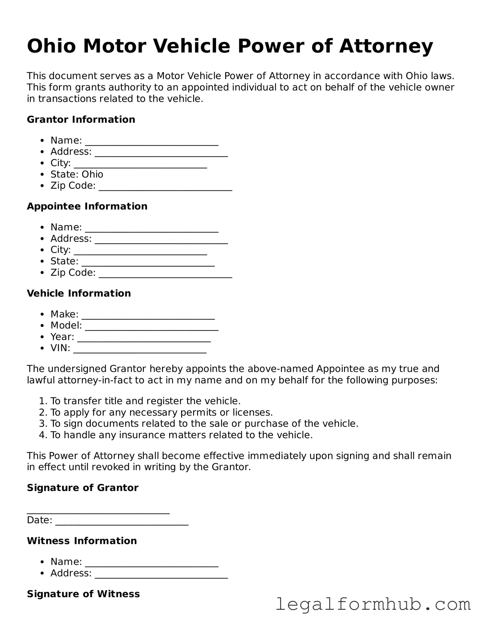 Free  Motor Vehicle Power of Attorney Template for Ohio