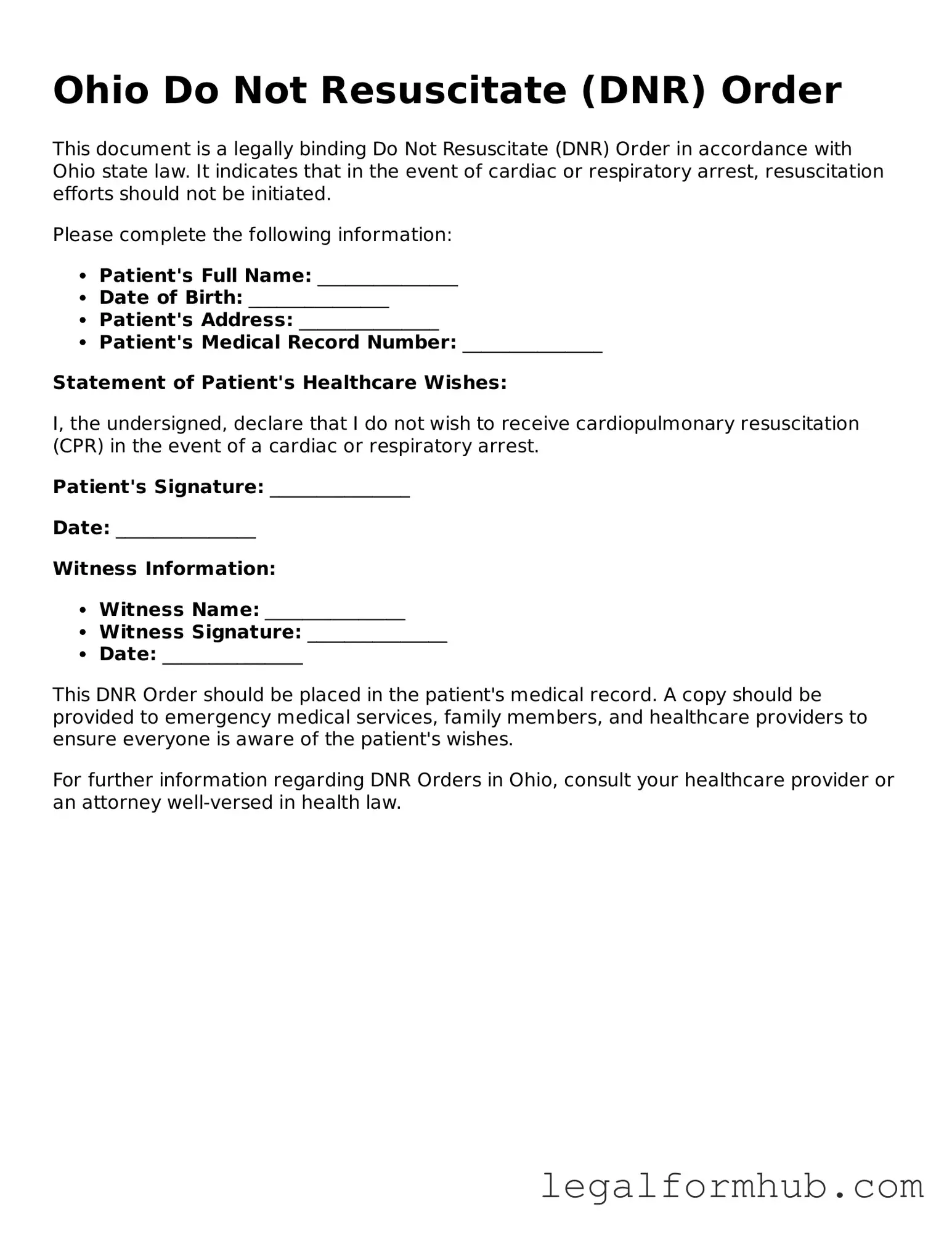 Free  Do Not Resuscitate Order Template for Ohio