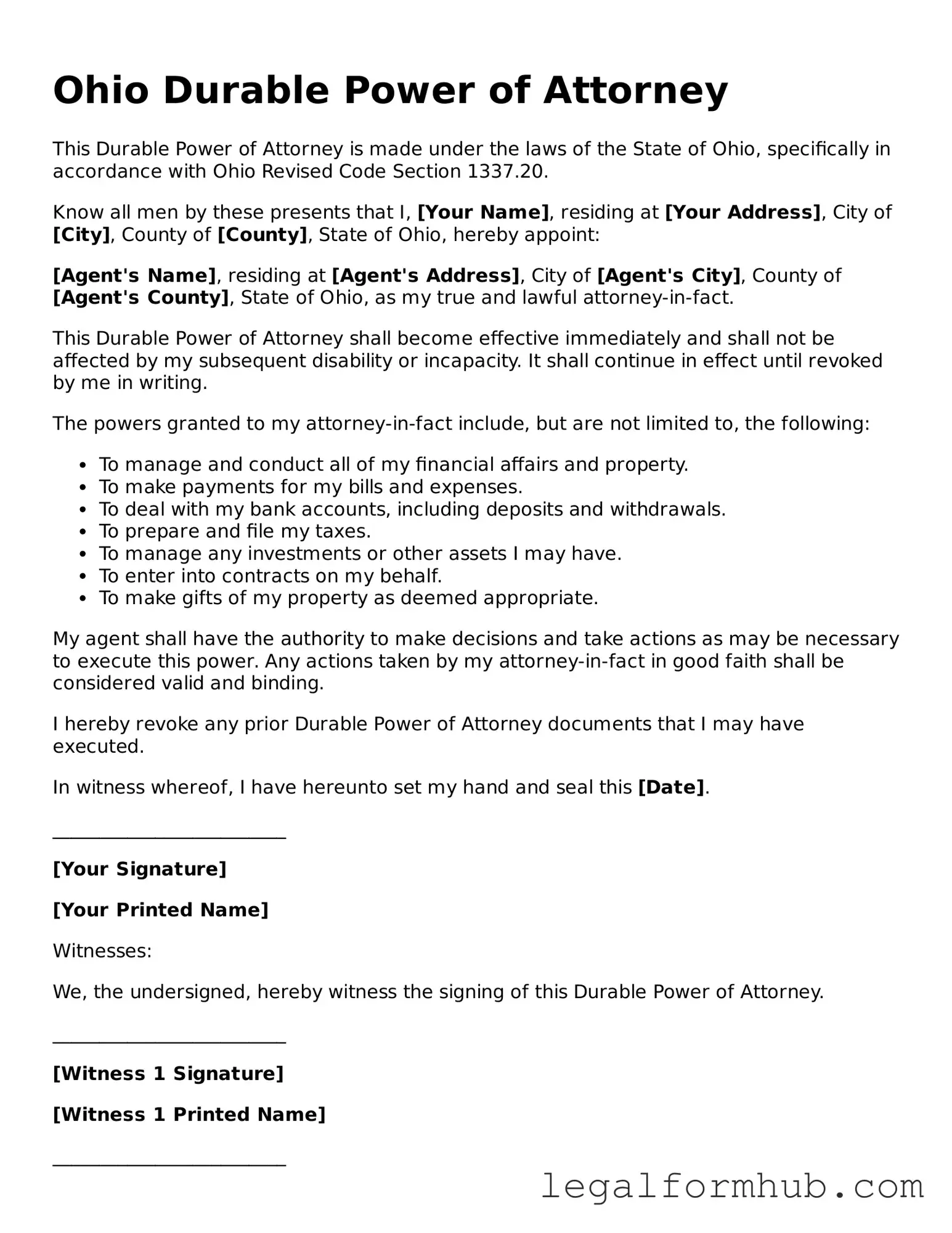 Free  Durable Power of Attorney Template for Ohio