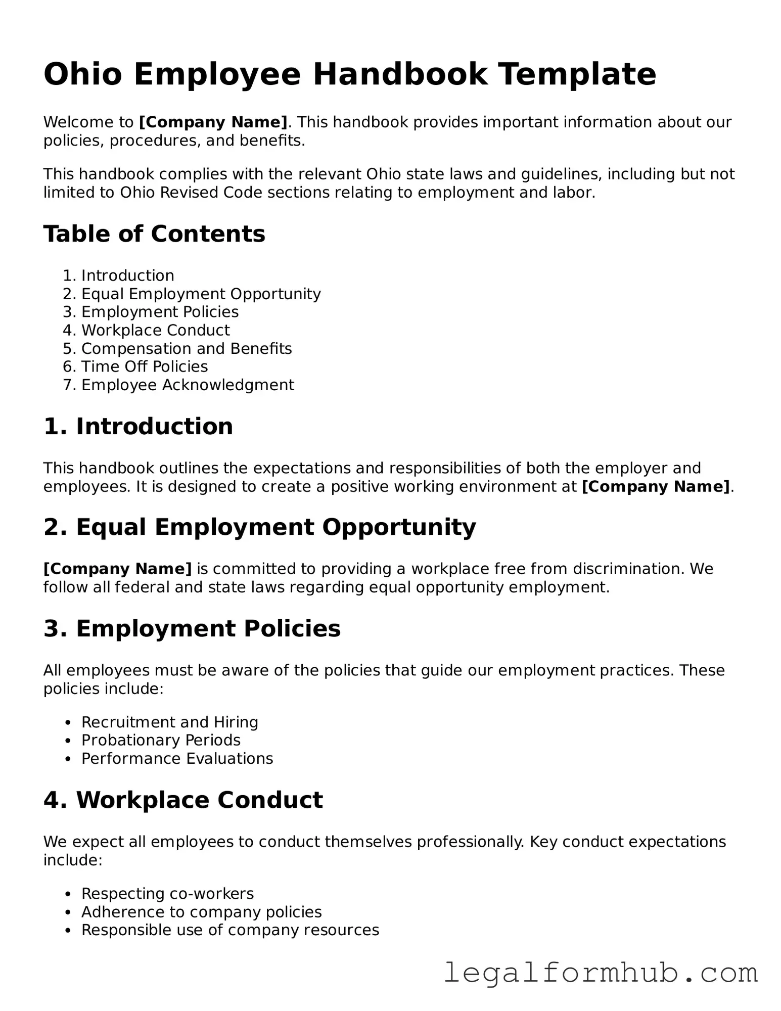 Free  Employee Handbook Template for Ohio