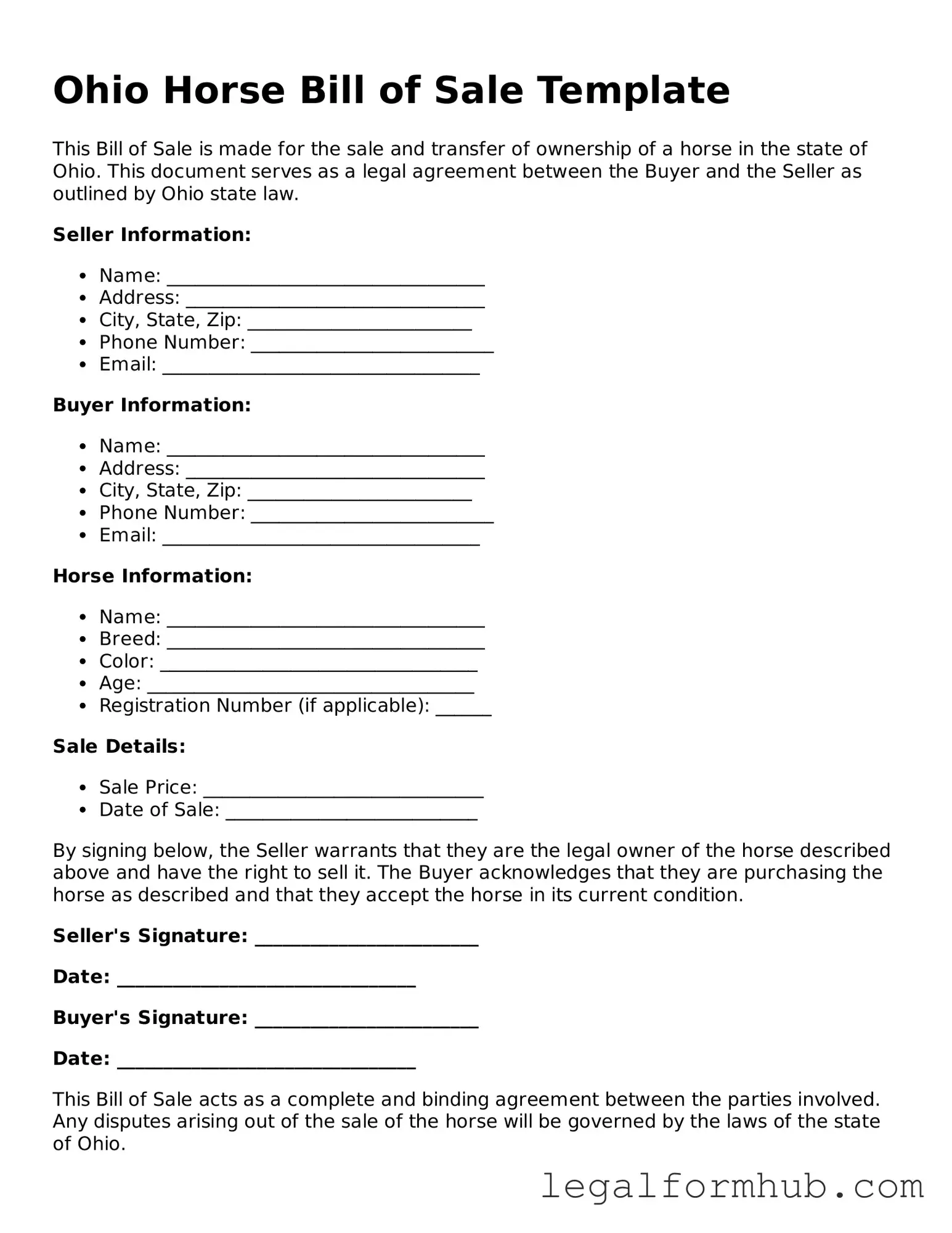 Free  Horse Bill of Sale Template for Ohio