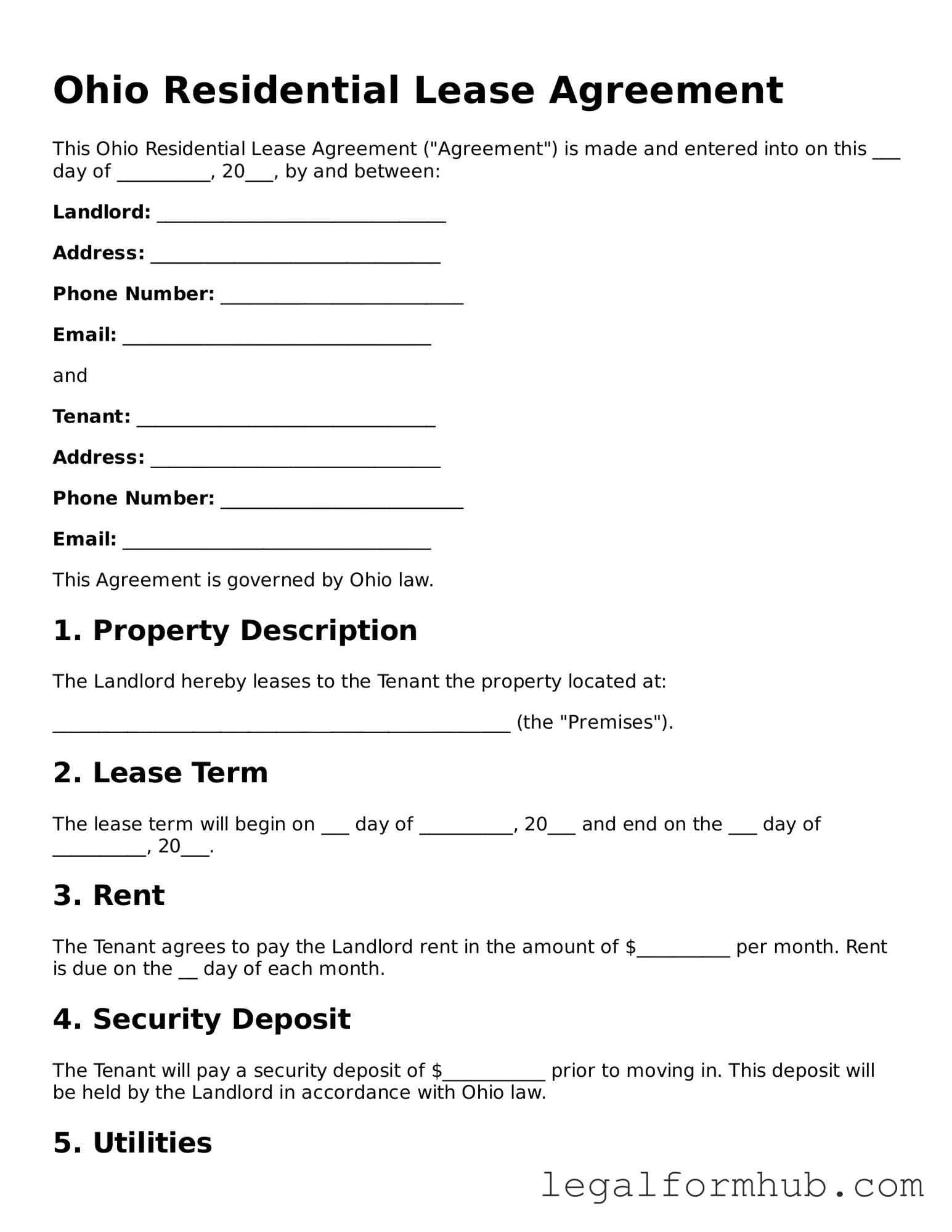 Free  Residential Lease Agreement Template for Ohio