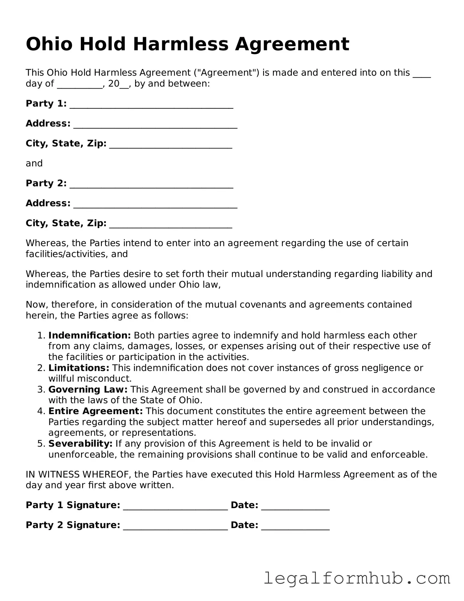 Free  Hold Harmless Agreement Template for Ohio